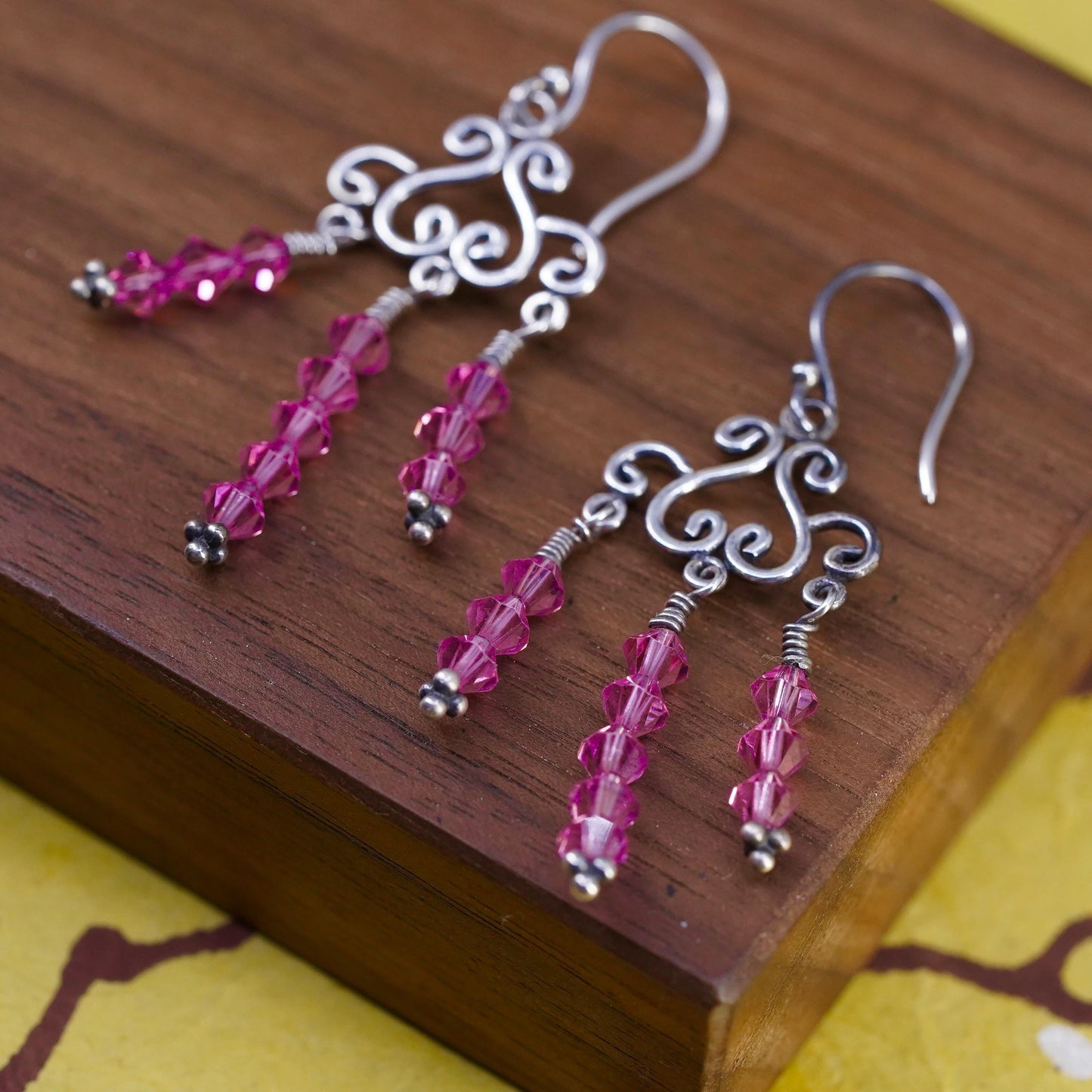 Vintage Sterling silver 925 handmade swirly earrings with pink crystal