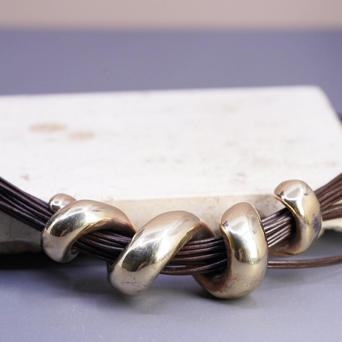 20+2", Vermeil Gold Sterling 925 Silver Multi Strand Leather Necklace Swirl