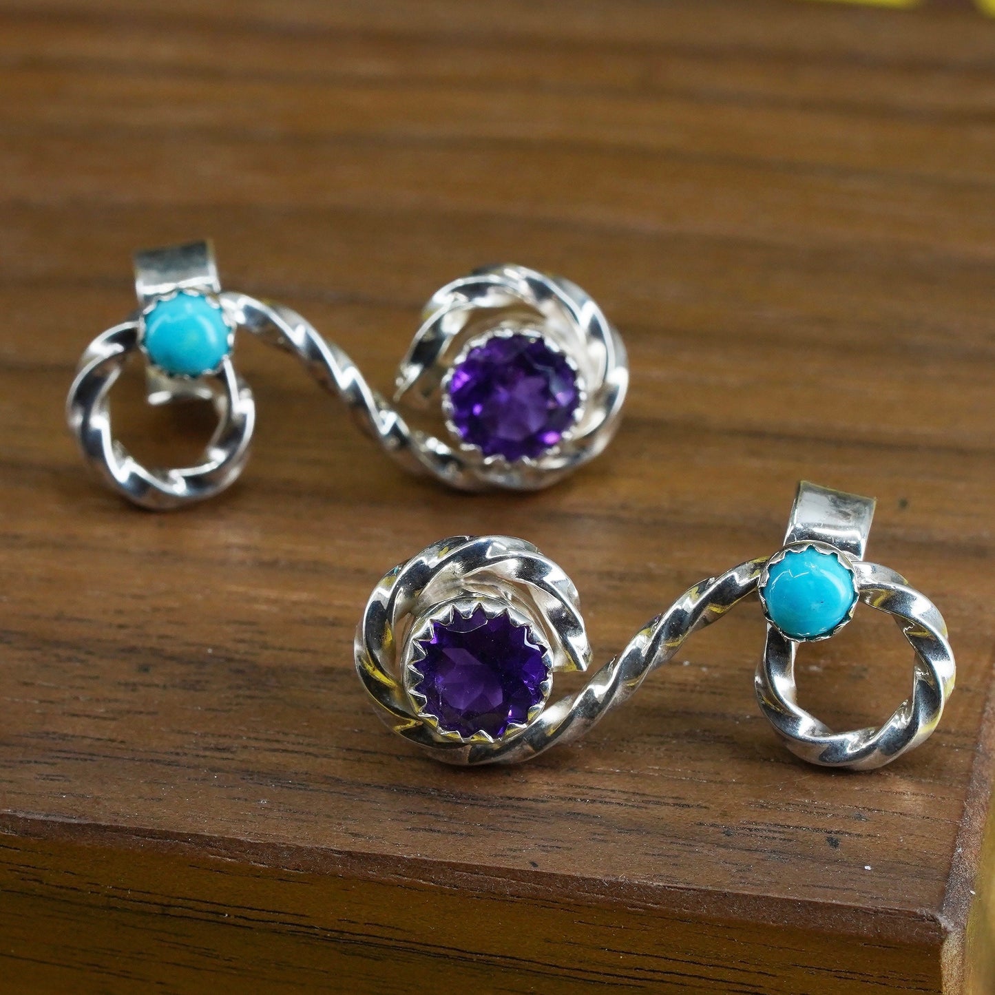 Sterling Silver Native American Earrings, 925 swirly studs turquoise amethyst