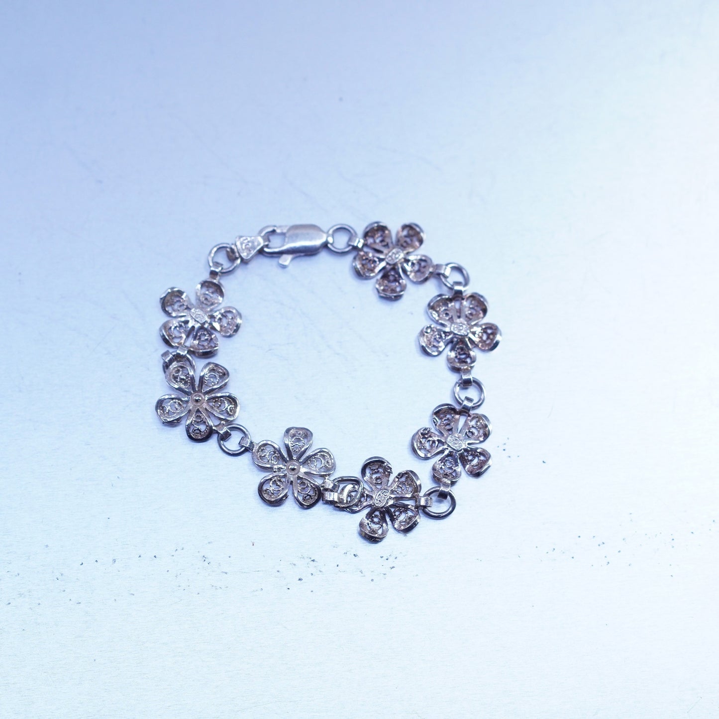5.5”, vintage Sterling 925 silver handmade filigree flower bracelet