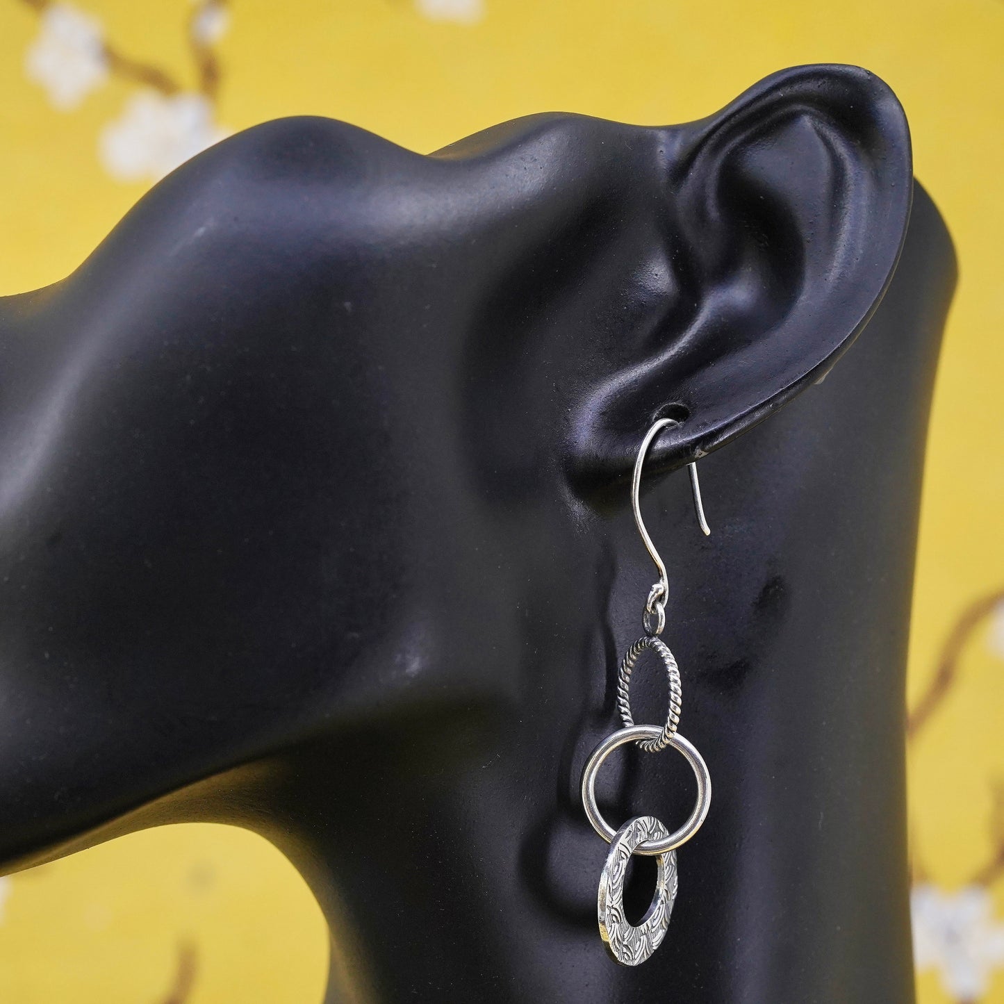 2”, Sterling silver handmade earrings, 925 entwined textured circles dangle