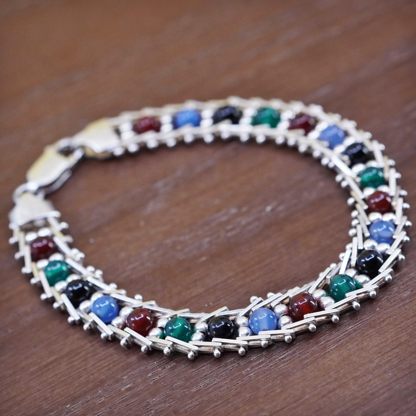 7”, Milor sterling silver link bracelet, 925 chain with colorful gemstone beads
