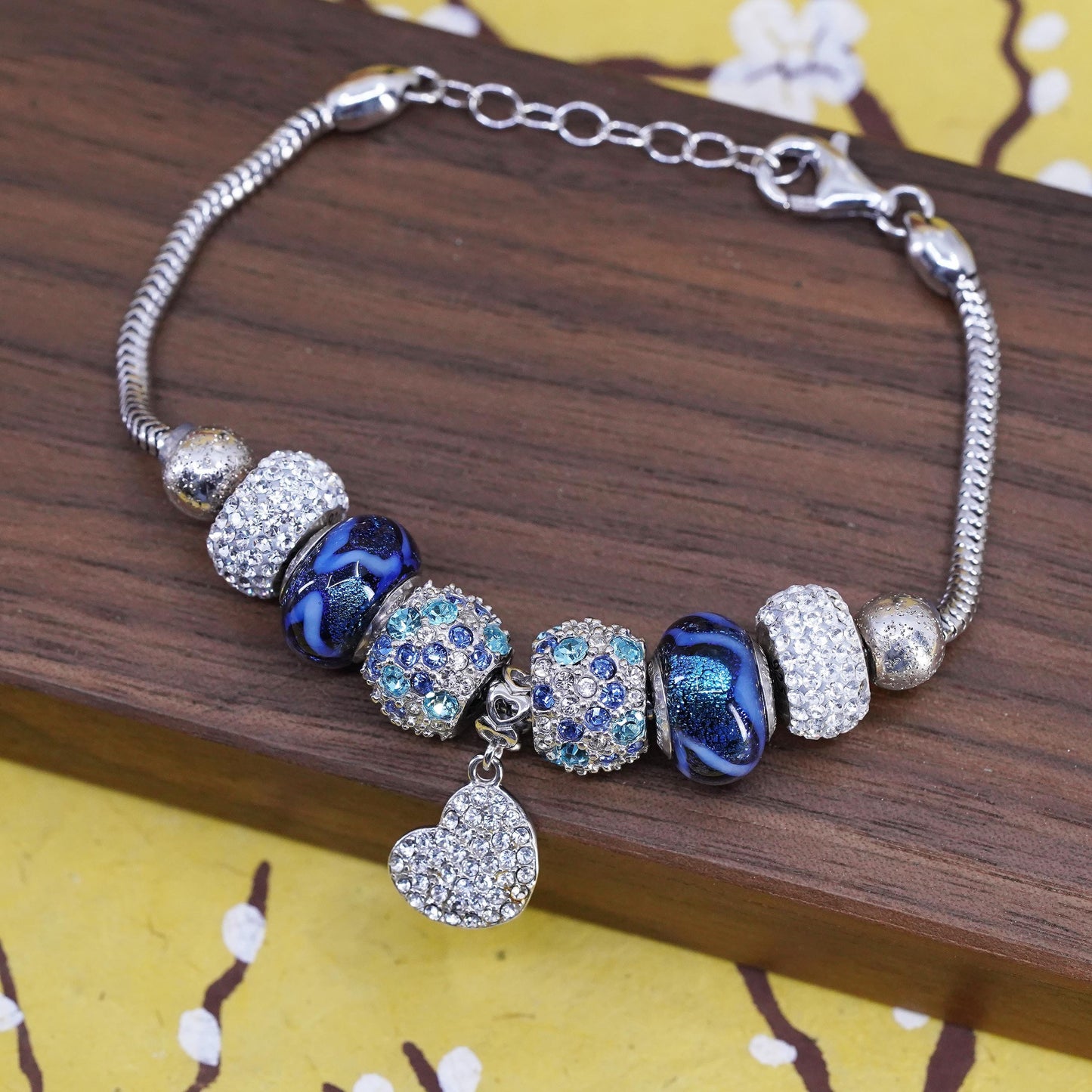 7+1", Fiora sterling silver bracelet, 925 snake chain glass beads heart charm