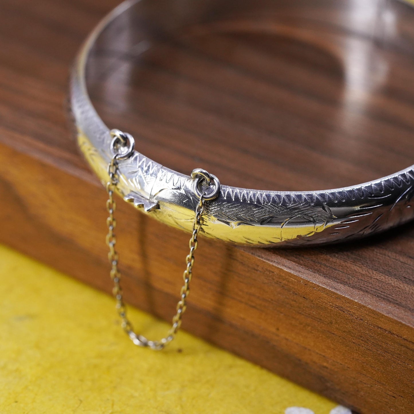 7.25", Sterling silver bracelet, textured 925 hinged bangle secure chain