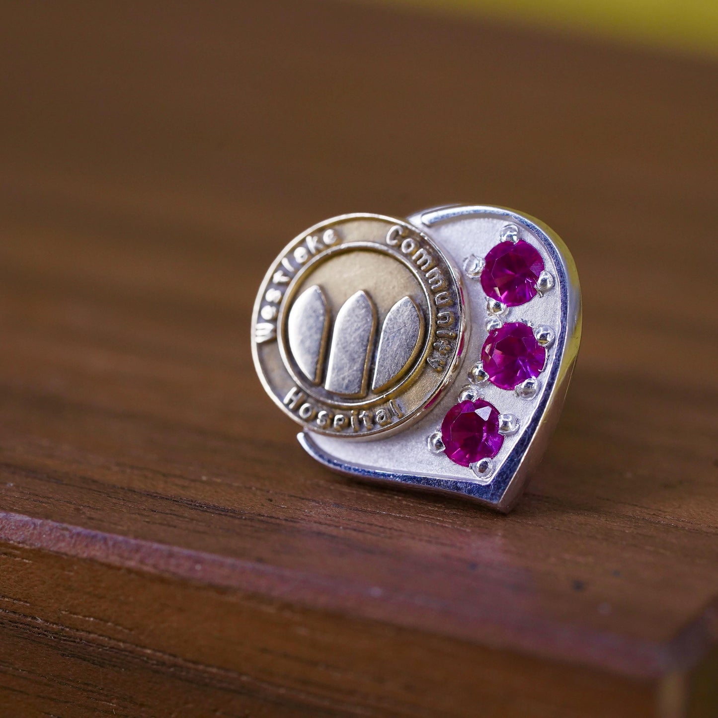 4.5g, Vintage two tone 14K Westlake Community Hospital heart pin ruby, antique
