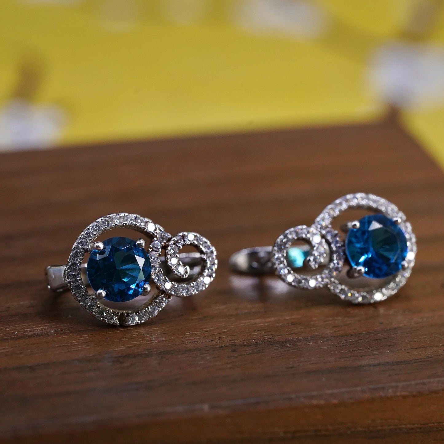 Vintage Sterling silver earrings, 925 Huggie hoops cluster cz blue crystal