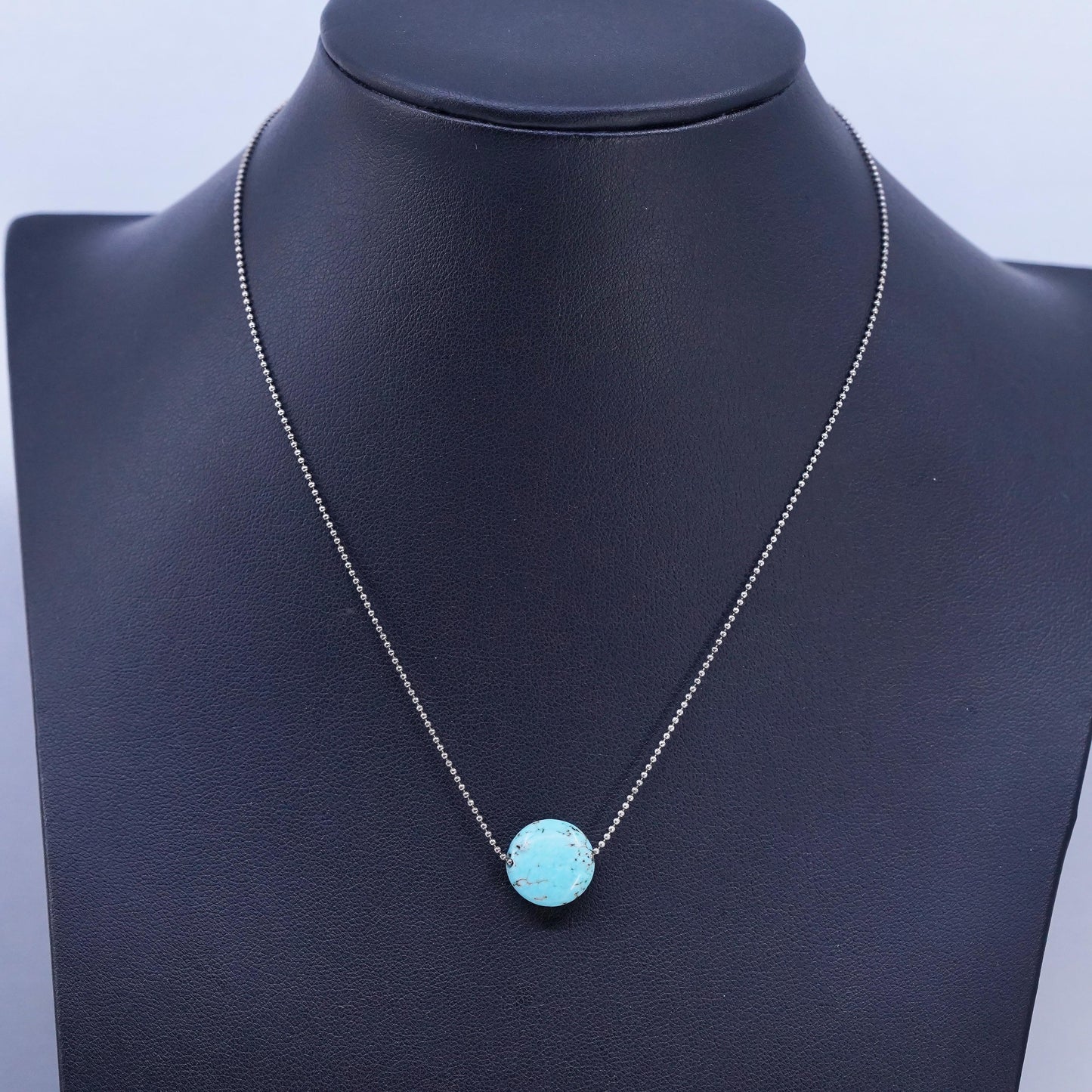 14", Native American Sterling 925 silver bead choker necklace turquoise pendant