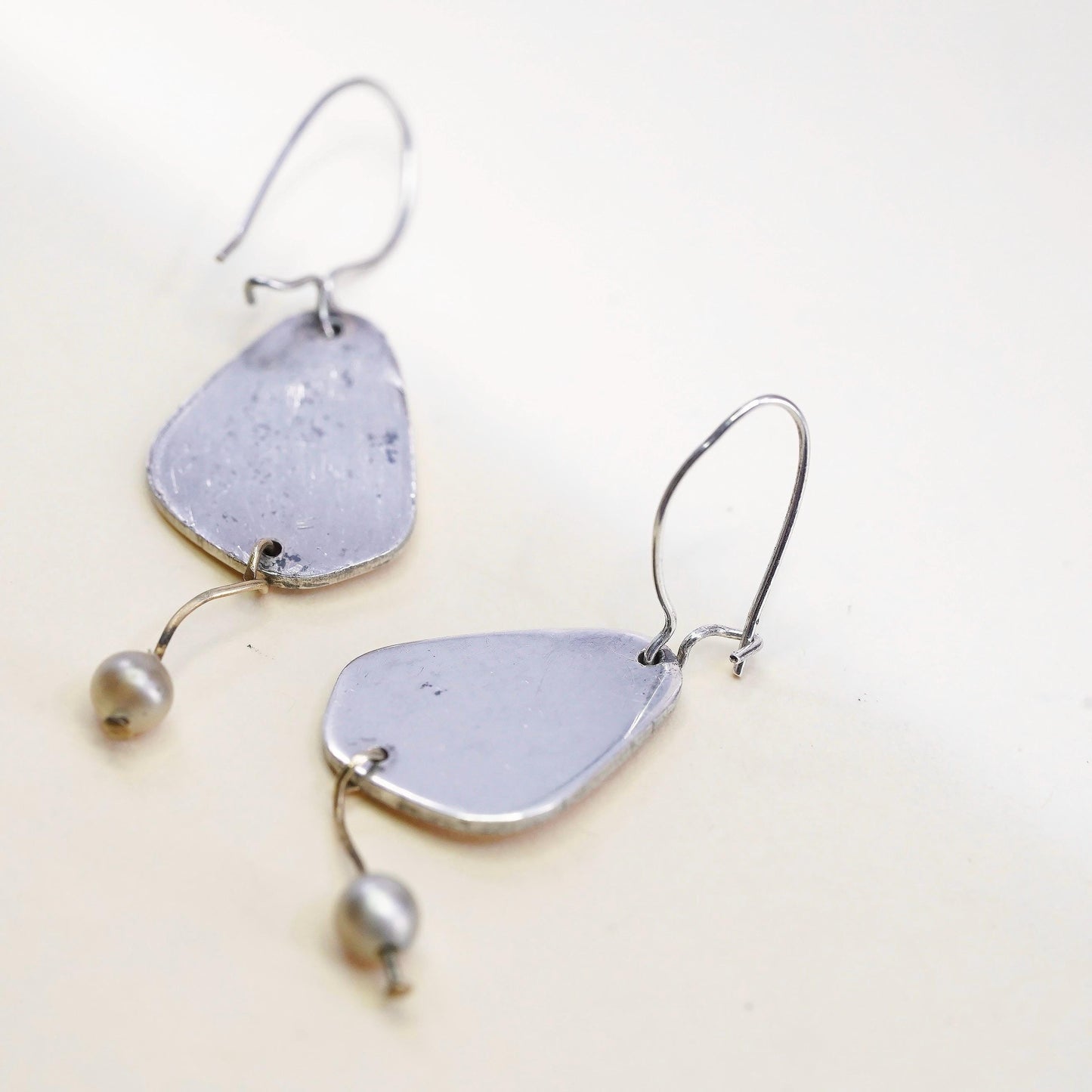 Vintage sterling silver 925 handmade tag earrings with pearl dangles