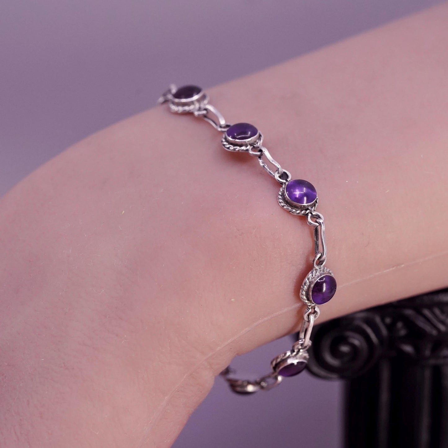 6.25", vintage Mexican sterling bracelet, 925 silver chain with amethyst beads