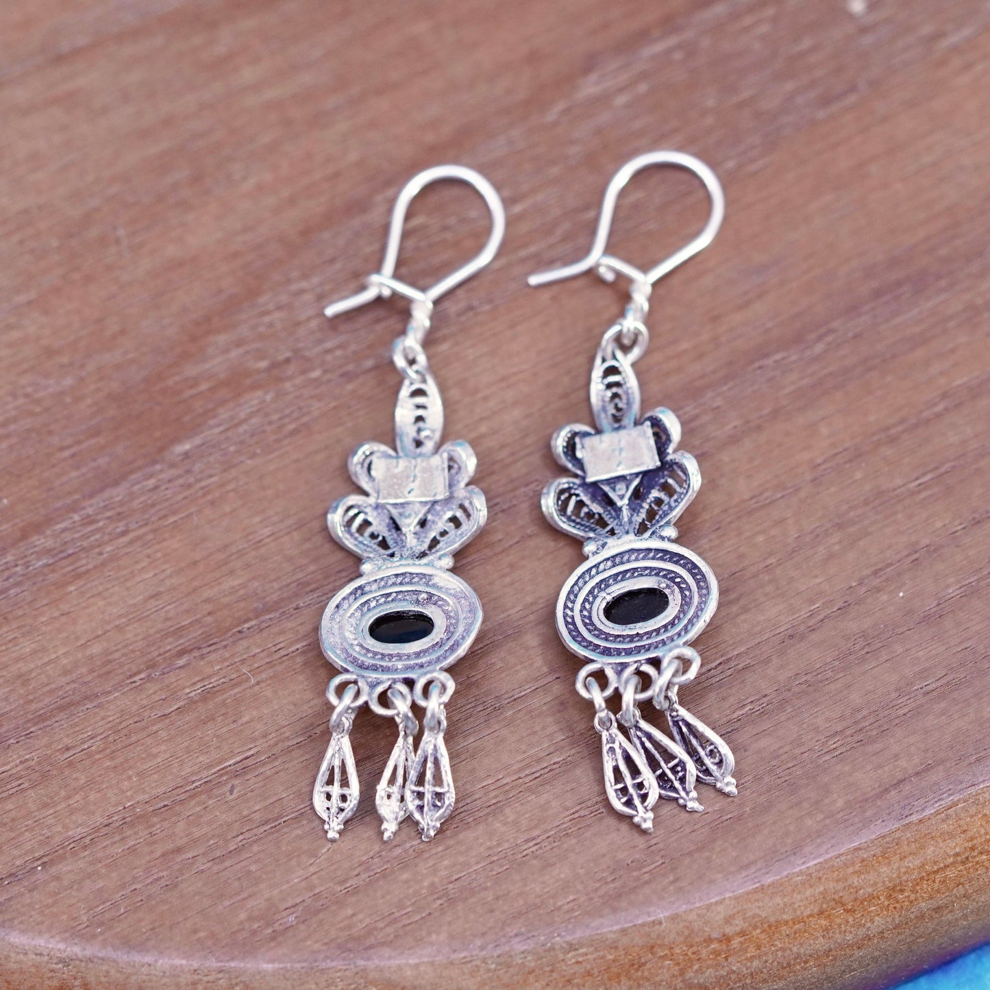 Vintage Sterling 925 Silver Handmade filigree Earrings with oval onyx