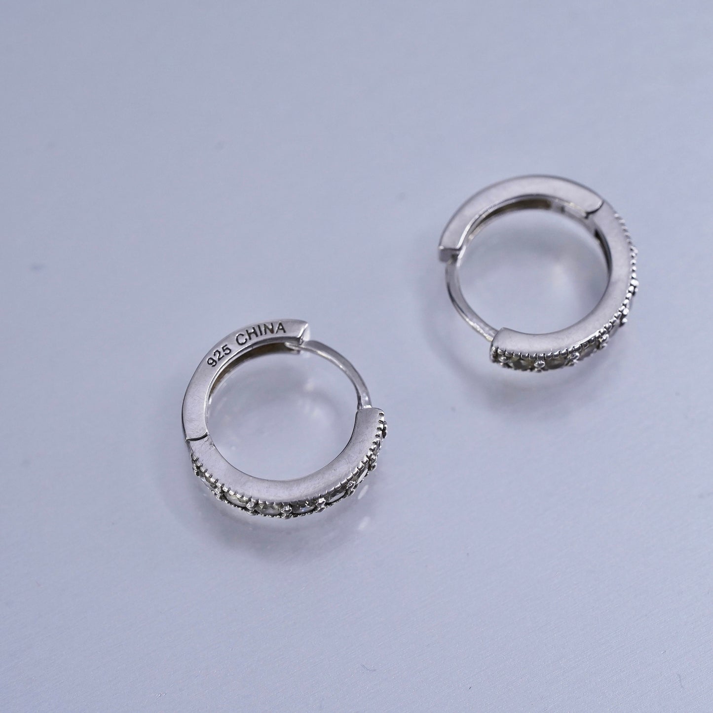 0.5”, vintage Sterling silver handmade earrings, 925 huggie hoops with cz