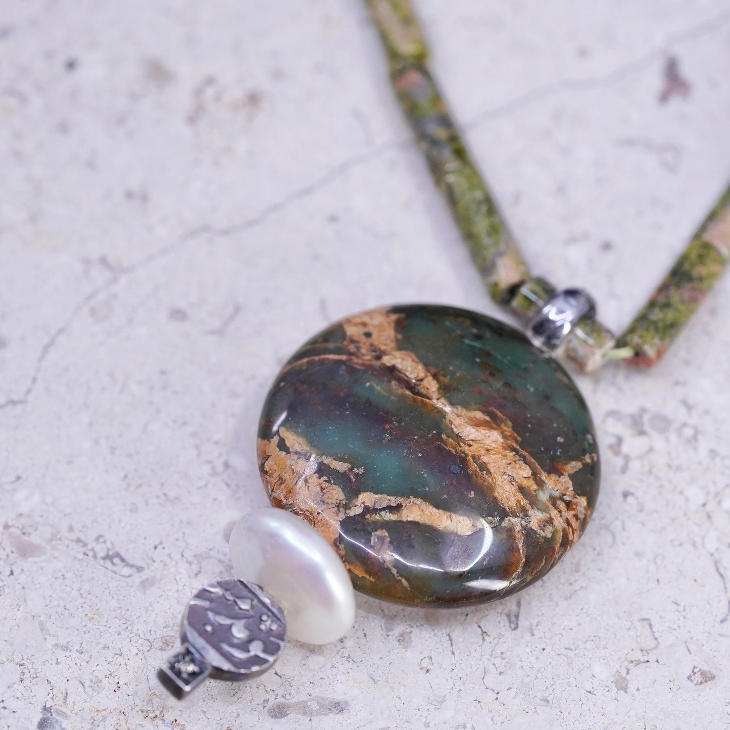 16", vintage Sterling 925 silver necklace fancy landscape Jasper, tube beads