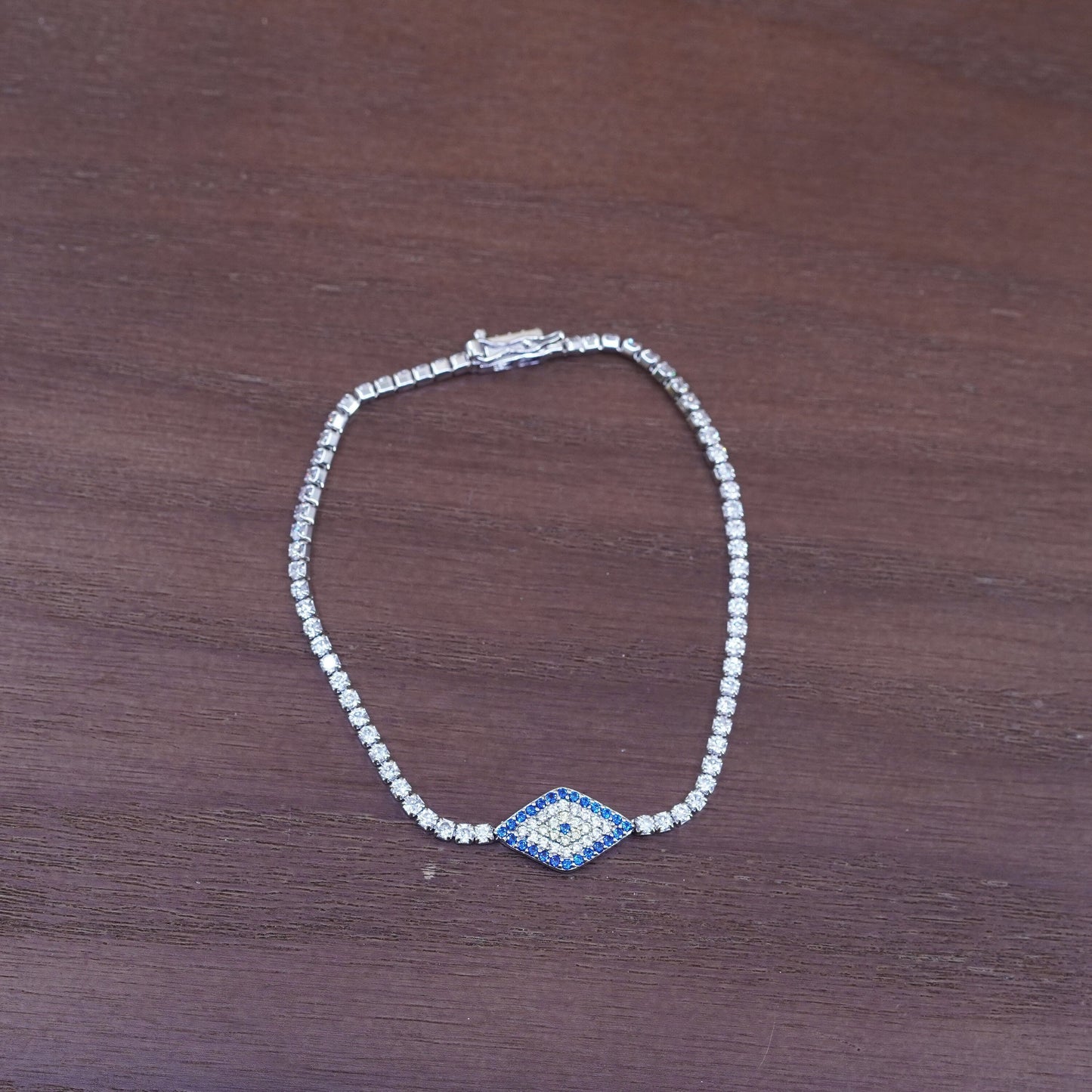 7”, Sterling 925 silver handmade chain bracelet with evil eye and cluster cz