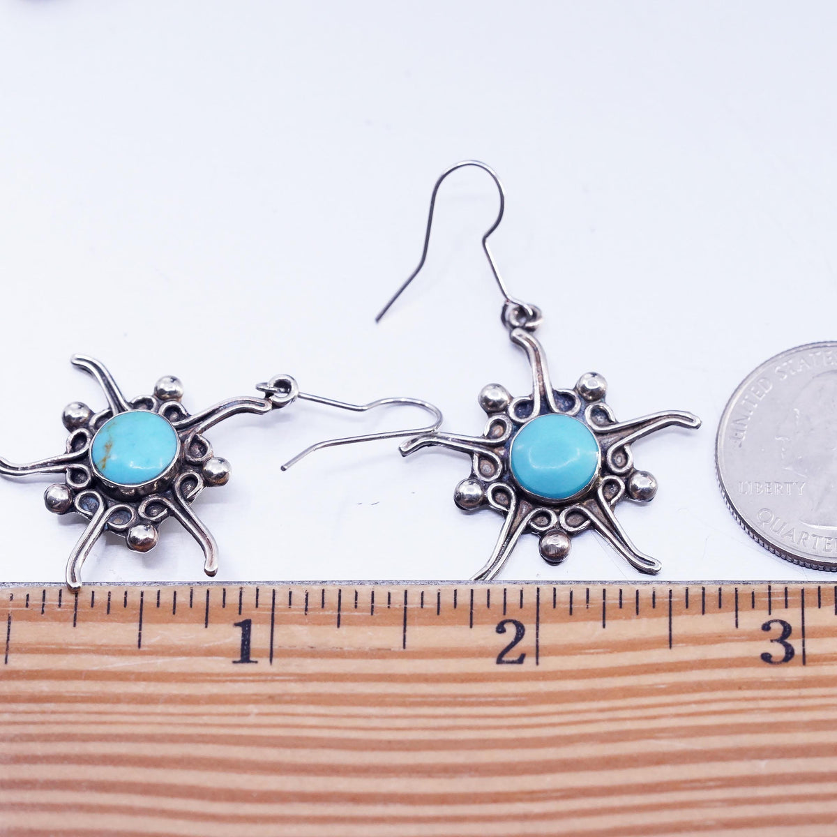 Vintage handmade Sterling 925 Silver earrings, Turquoise Sun dangles