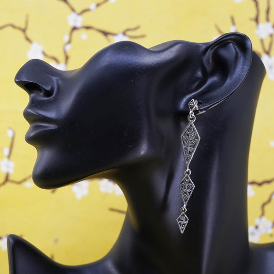 Vintage Sterling 925 silver handmade long diamond shaped earrings w/ marcasite