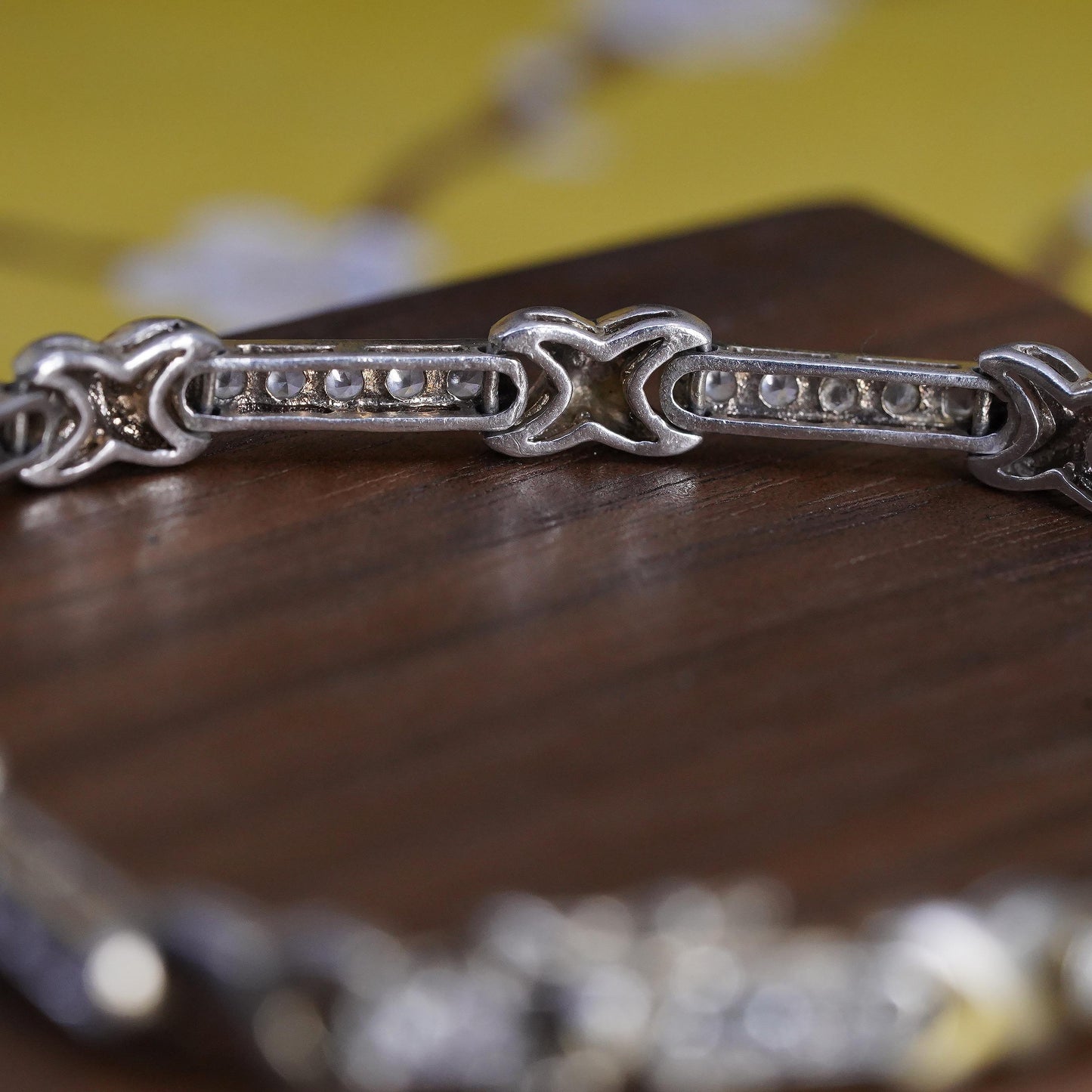 7.5”, vintage Sterling silver tennis bracelet, 925 bar link chain with cz