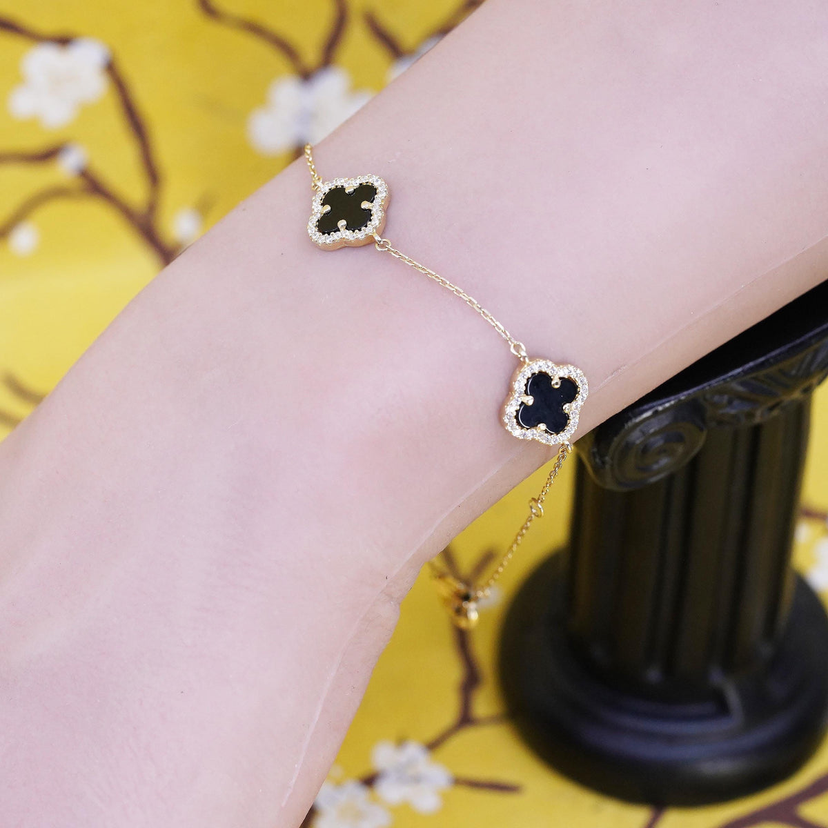 7.5”, Vermeil gold sterling silver bracelet, 925 lucky onyx clever cluster Cz