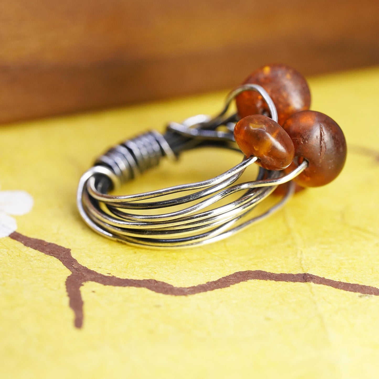 Size 5.75, vintage Sterling 925 silver handmade wired ring with amber beads