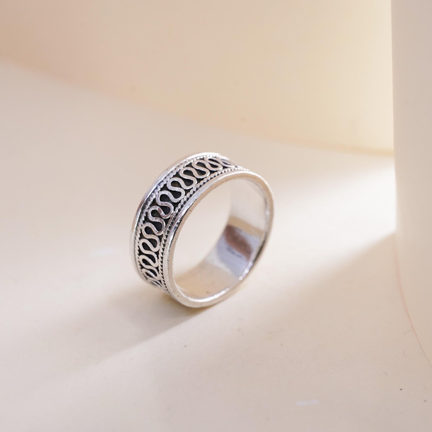 Size 9.25, vintage Sterling 925 silver handmade ring band with woven texture