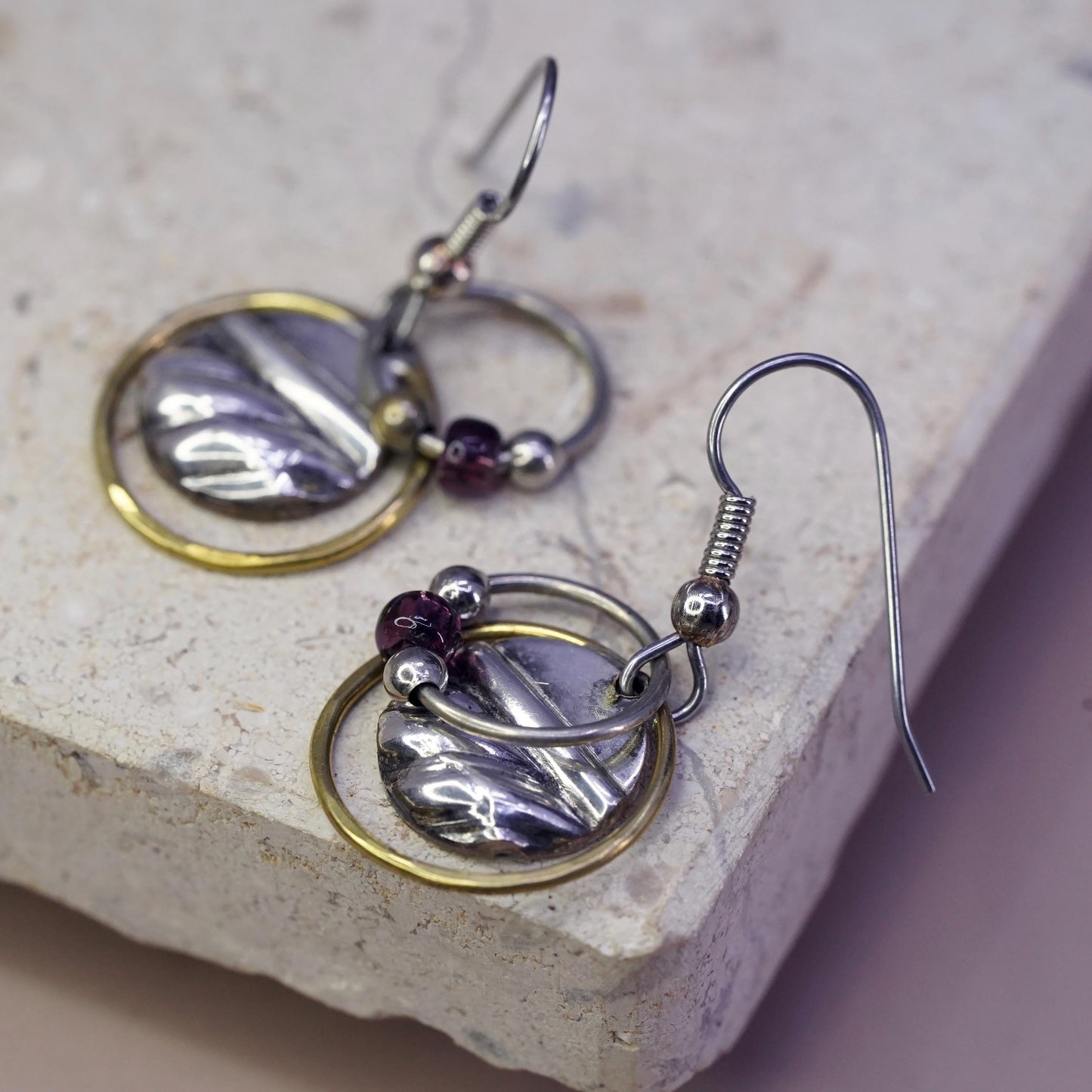 Vintage Two Tone Sterling silver handmade earrings, 925 disc w/ beads and brass