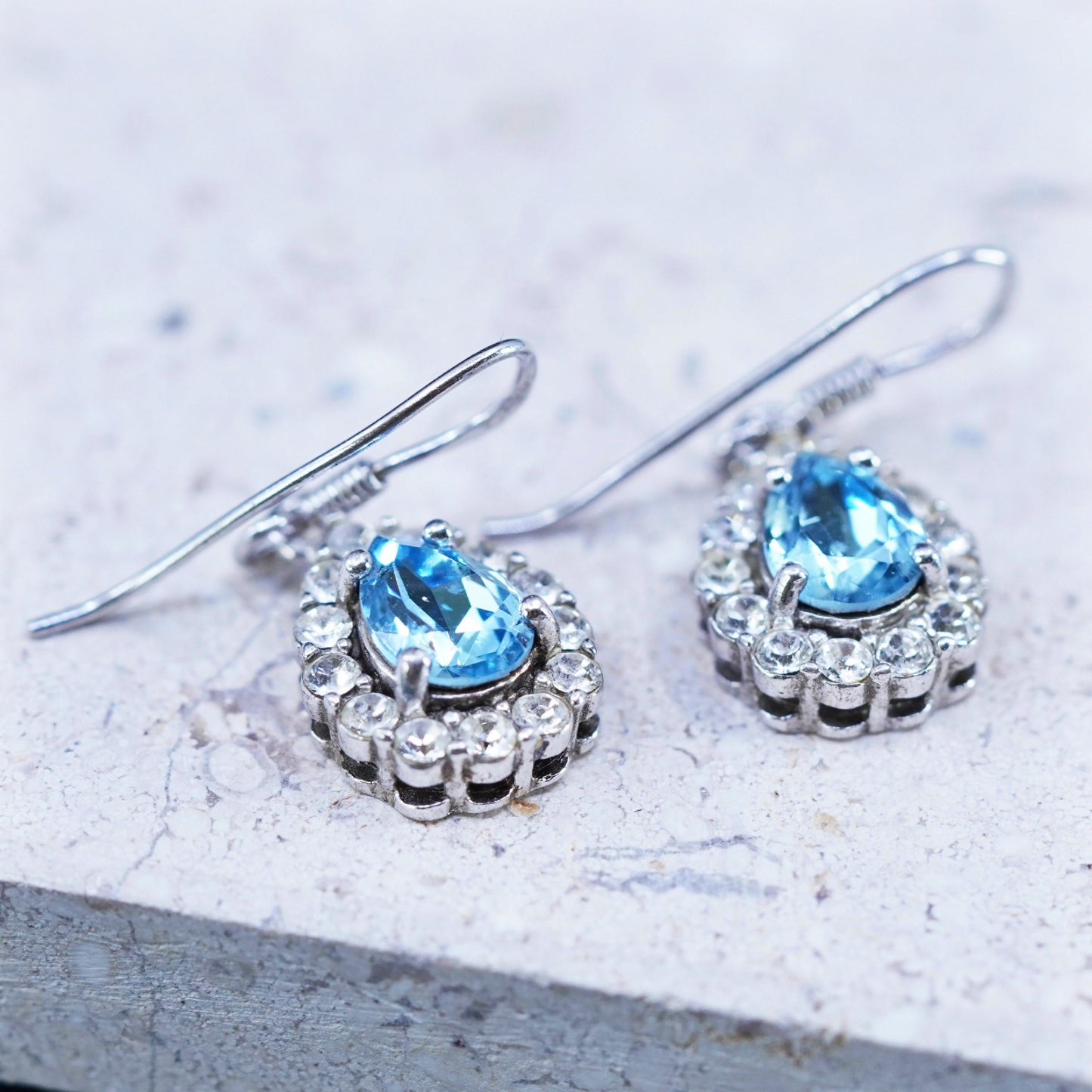 Vintage sterling 925 silver handmade earrings with teardrop blue topaz