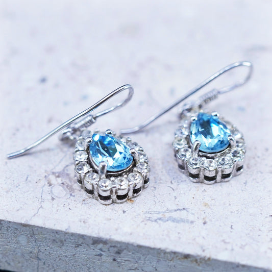 Vintage sterling 925 silver handmade earrings with teardrop blue topaz