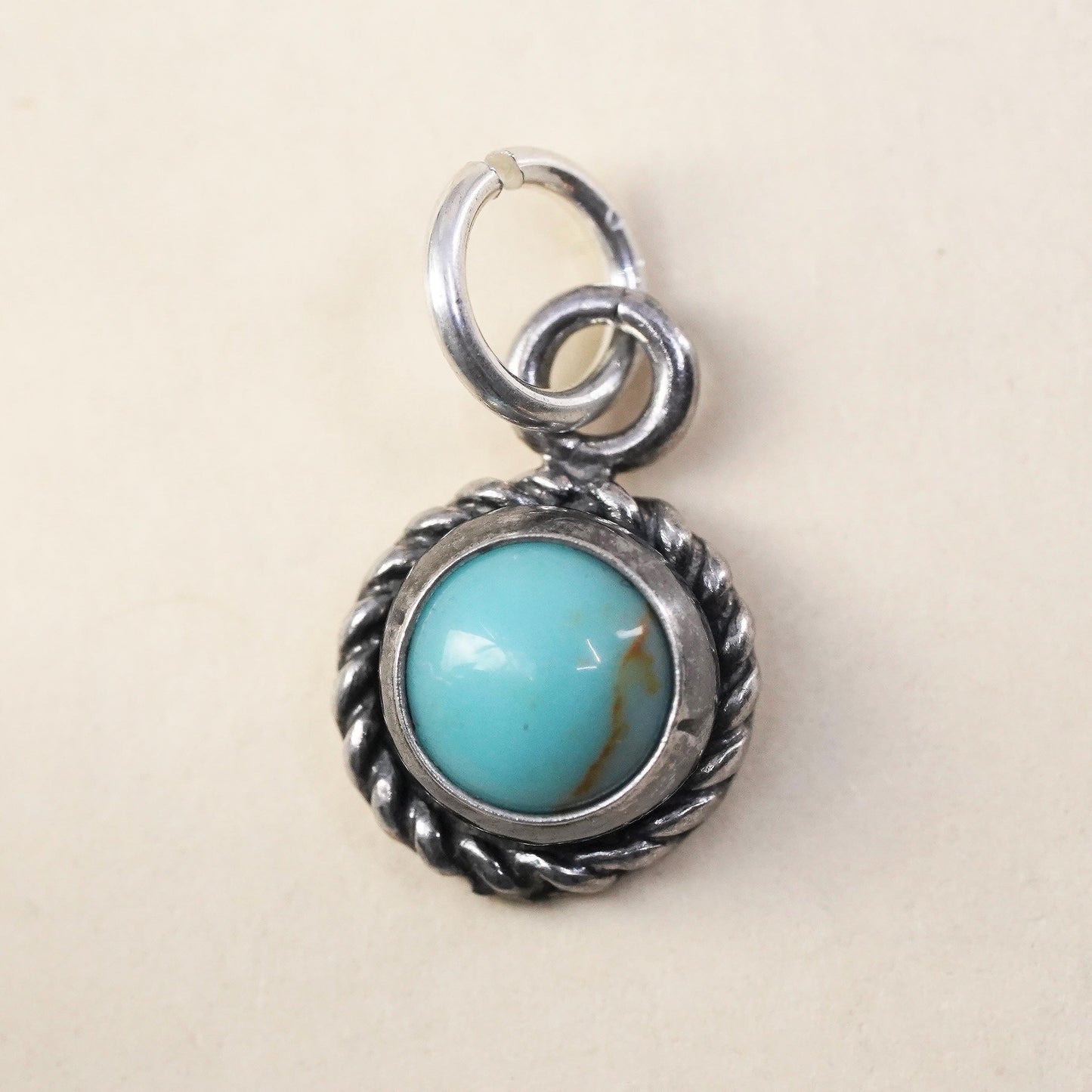 Southwestern sterling 925 silver handmade turquoise charm pendant with cable