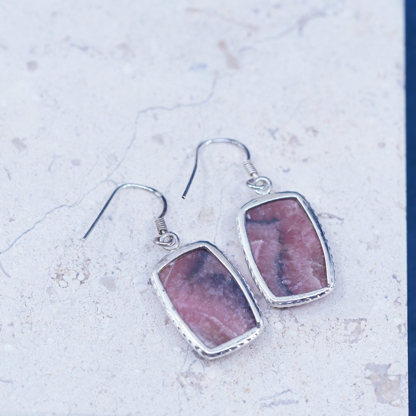 Vintage sterling 925 silver handmade earrings with rectangular agate cable