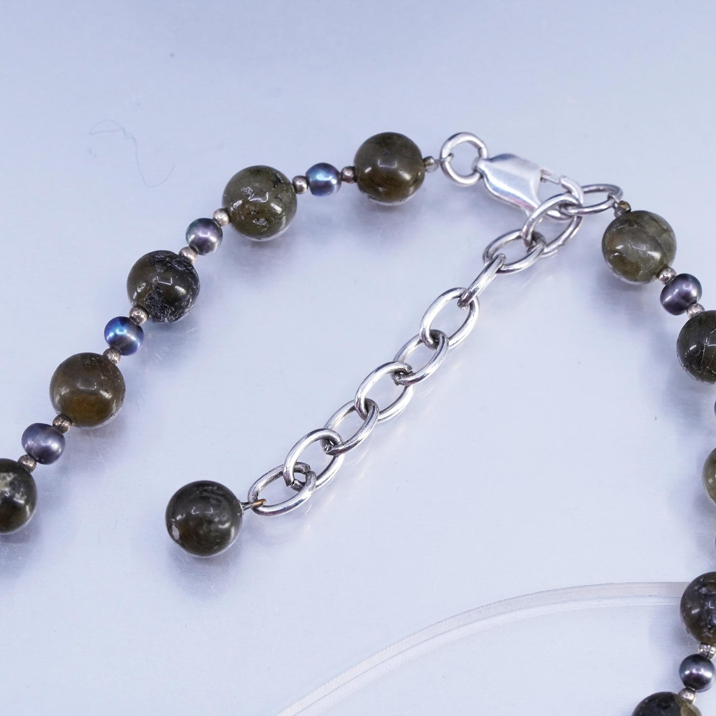 16+2", Sterling Silver 925 necklace labradorite beads teardrop abalone pendant