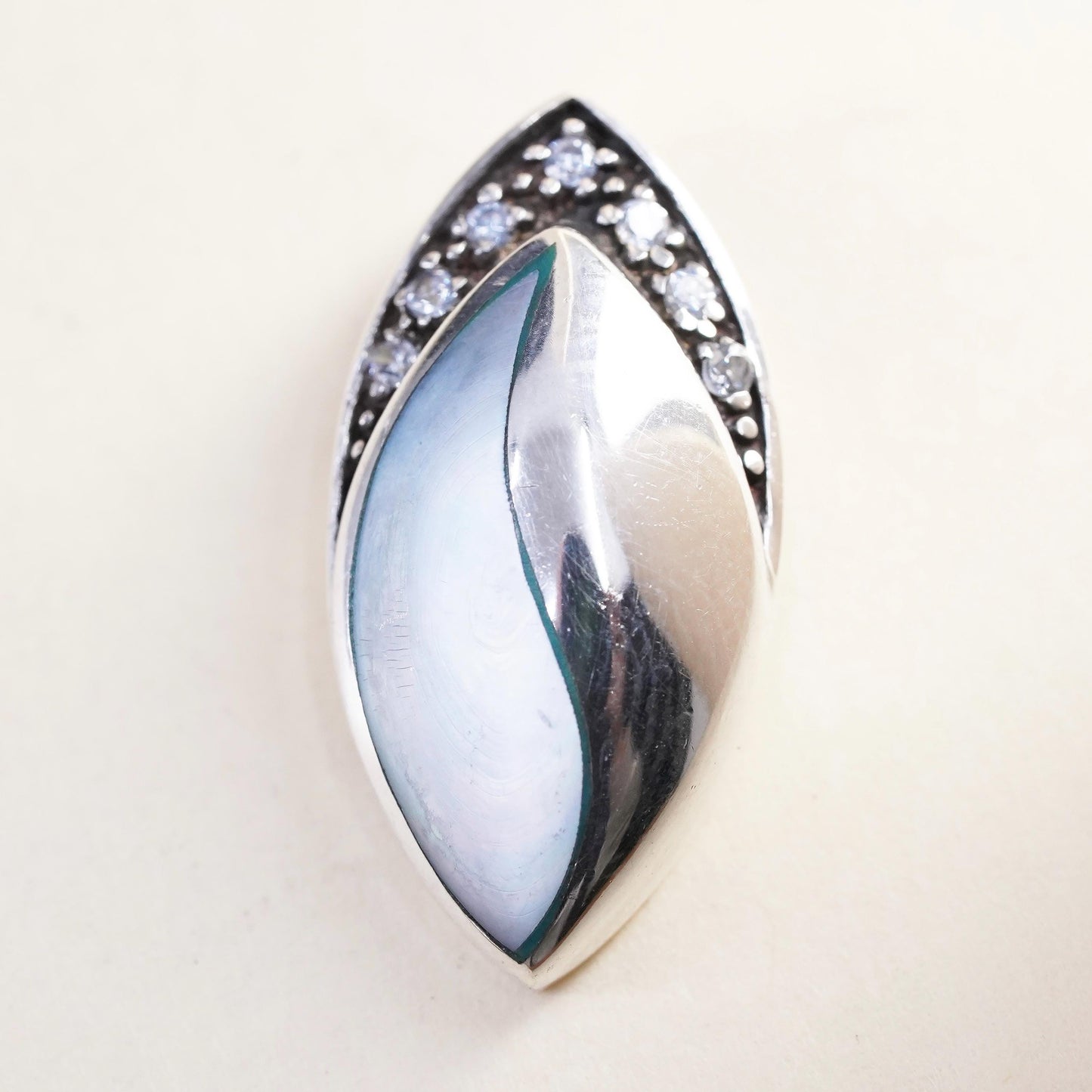 Vintage sterling 925 silver handmade pendant with mother of pearl and Cz