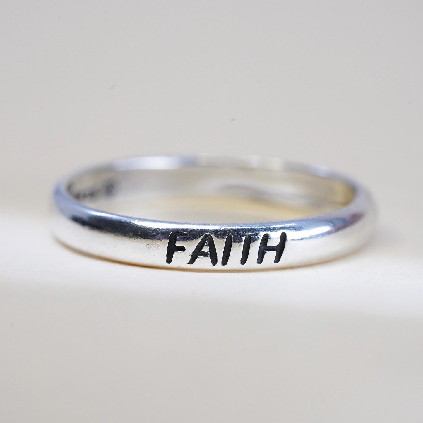 Size 7, vintage Sterling 925 silver handmade Faith ring stackable band