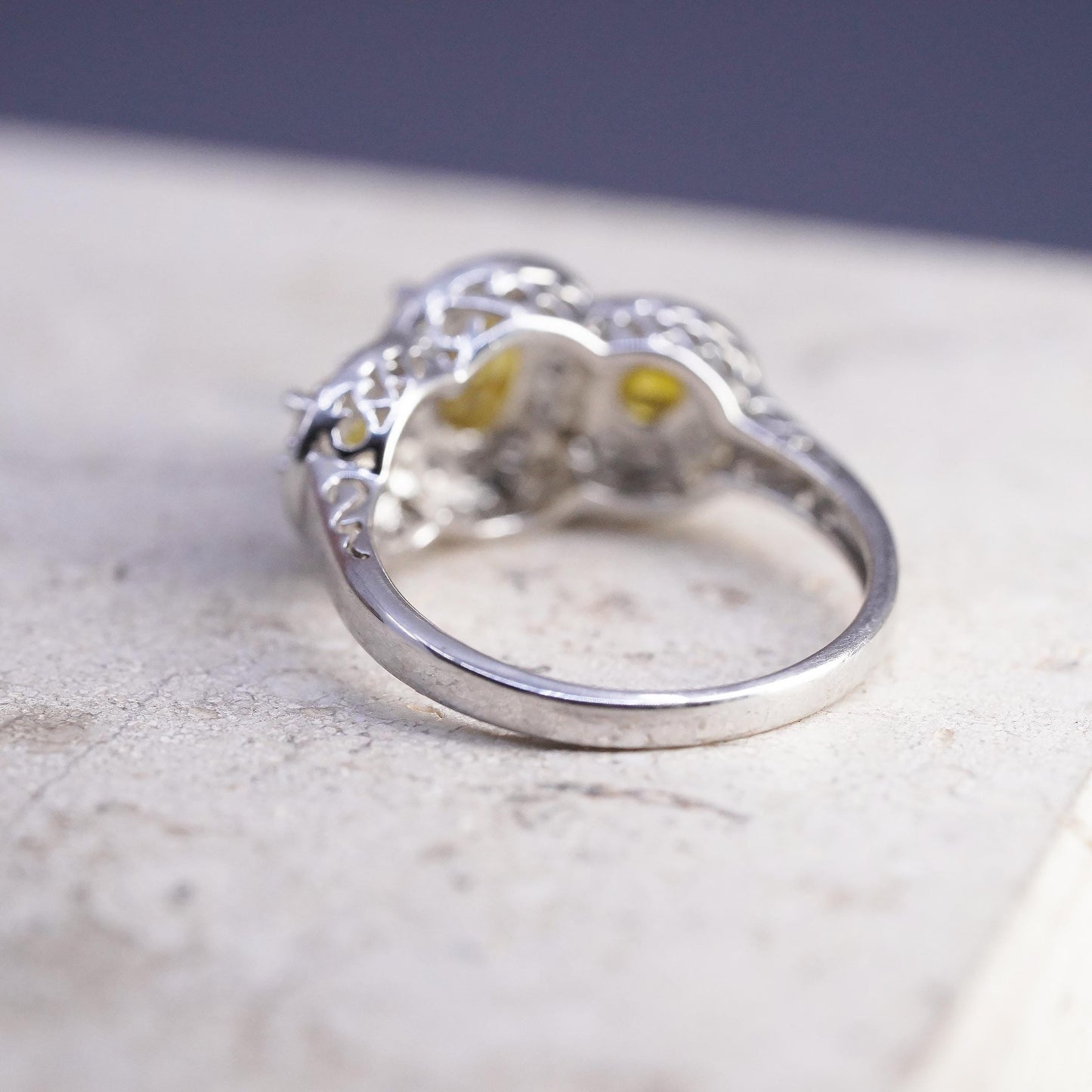 Size 8, VTG Sterling Silver 925 Yellow Citrine Ring, Three Stone Oval Halo Ring