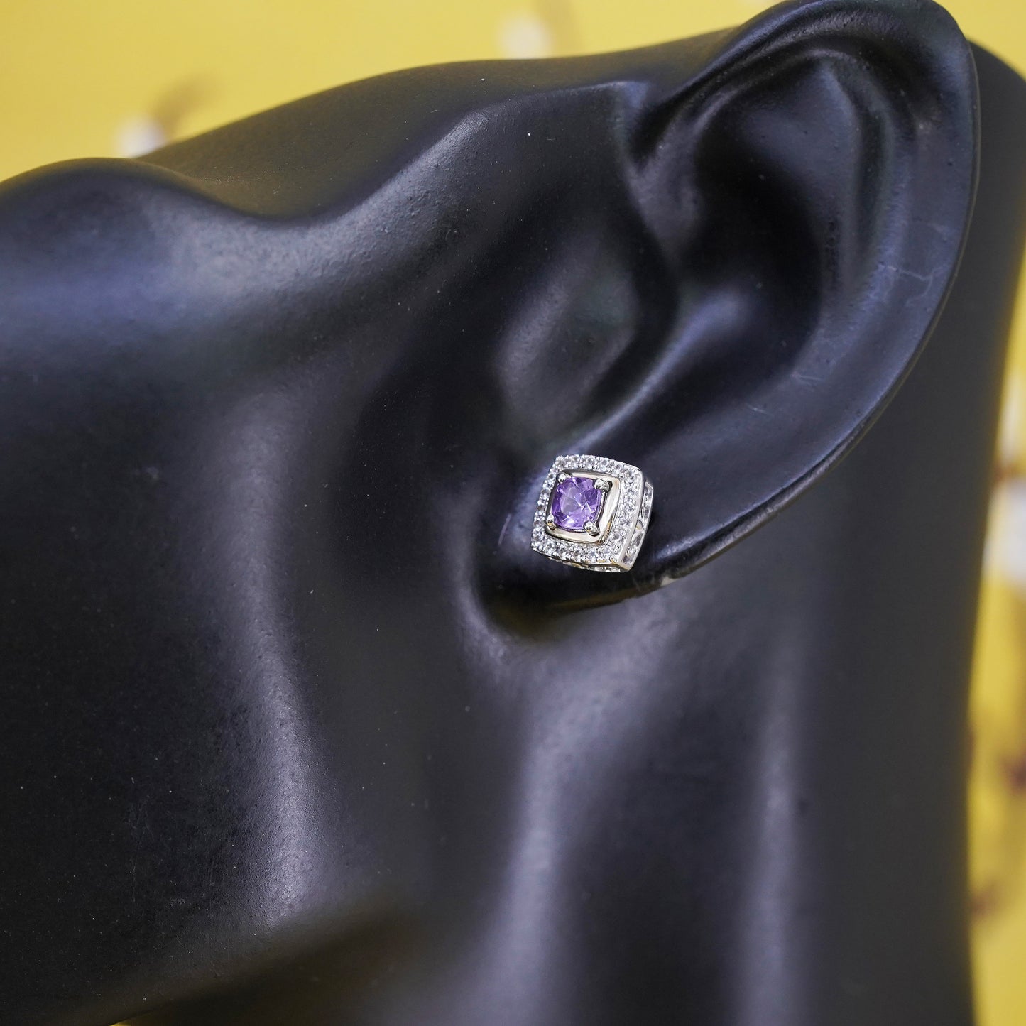 Sterling 925 silver square amethyst studs, earrings with 10K yellow gold trims
