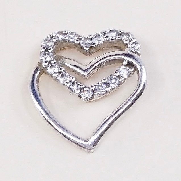 VTG sterling silver pendant, fine 925 silver double hearts w/ crystal