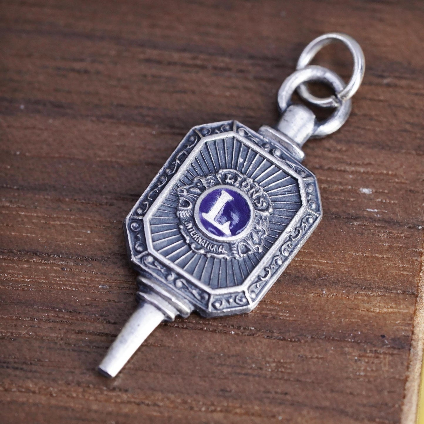 Vintage Lions Clubs International 925 Sterling Silver Key Charm, Lions Club Watch Fob Pendant, Purple Enamel Fraternal Jewelry, stamped Ster