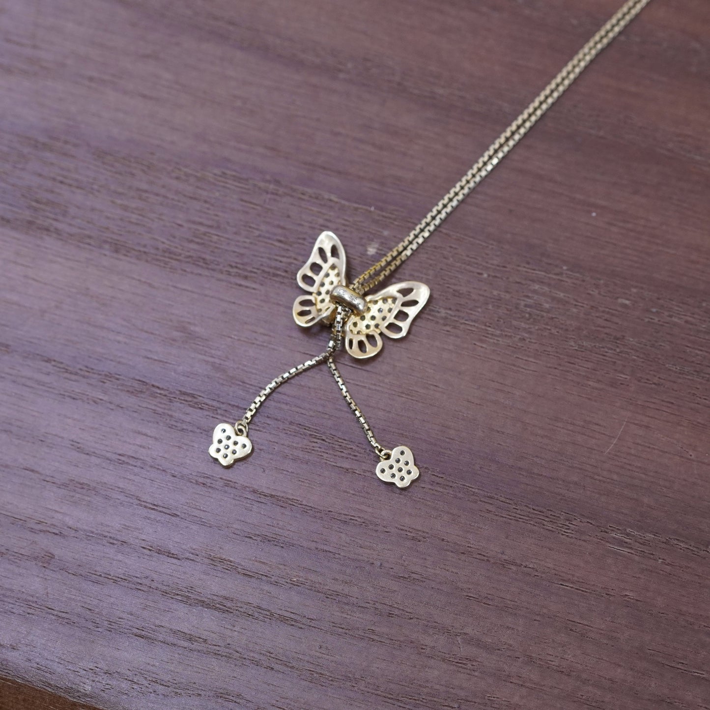 28” vermeil gold over Sterling silver necklace, 925 box chain butterfly pendant