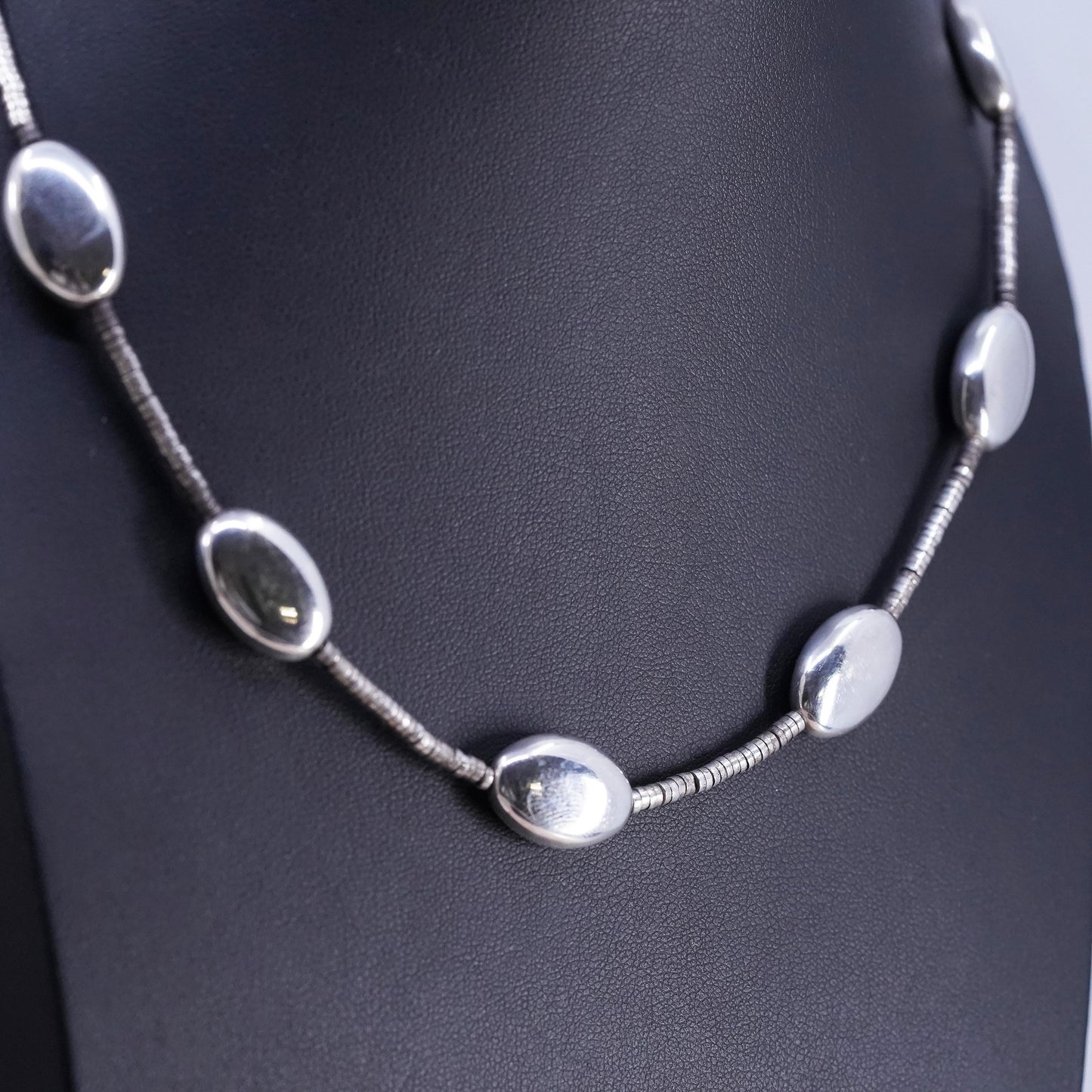 18", vintage Native American Sterling silver heishi necklace w/ 925 oval beads