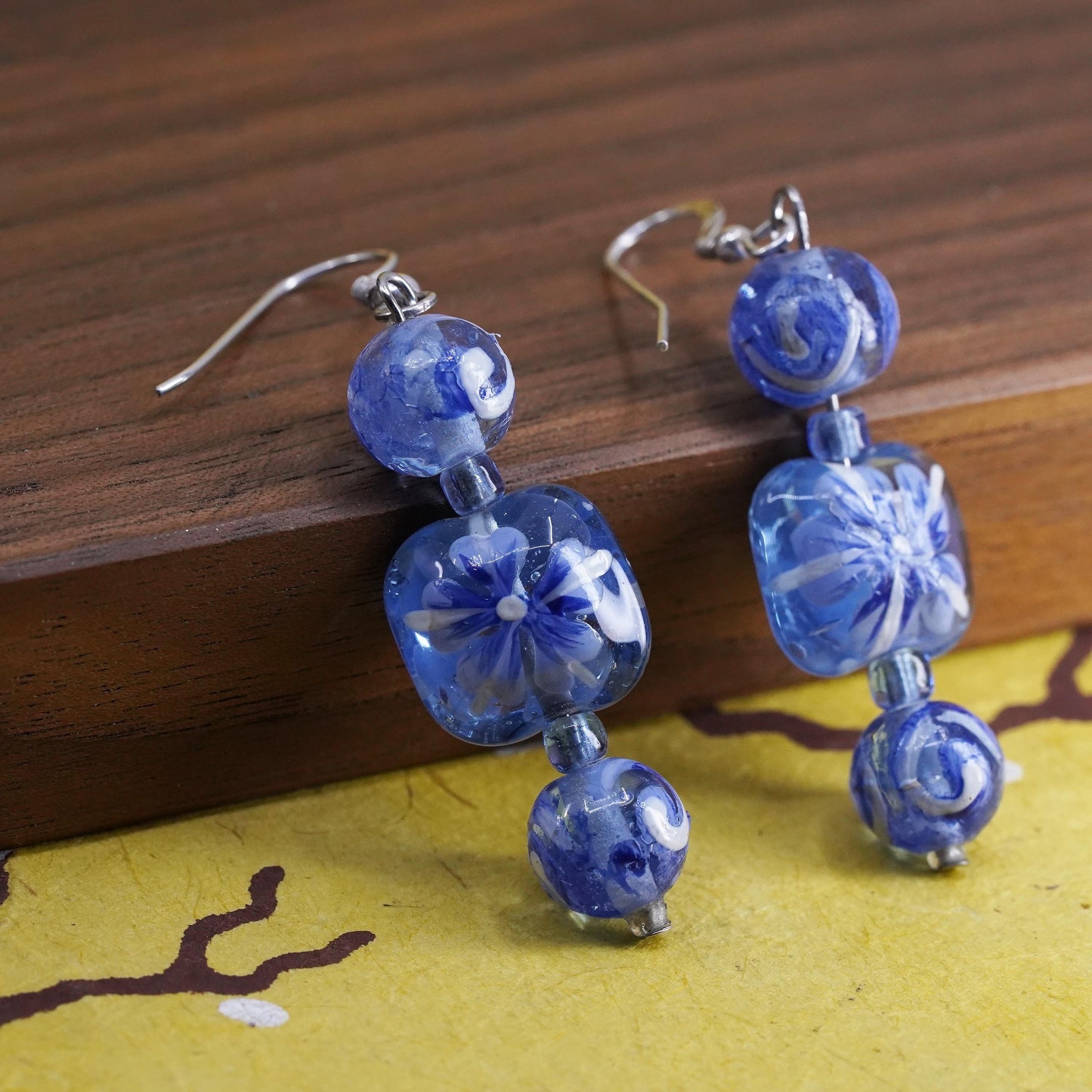 Vintage sterling 925 silver handmade earrings with blue floral glass bead