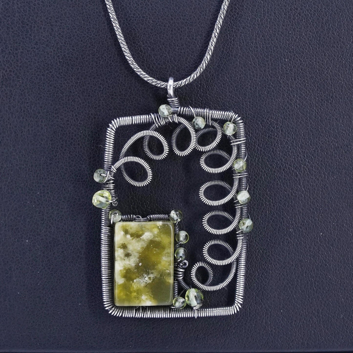 23+3", Sterling 925 silver wheat chain necklace wired rectangular jade pendant