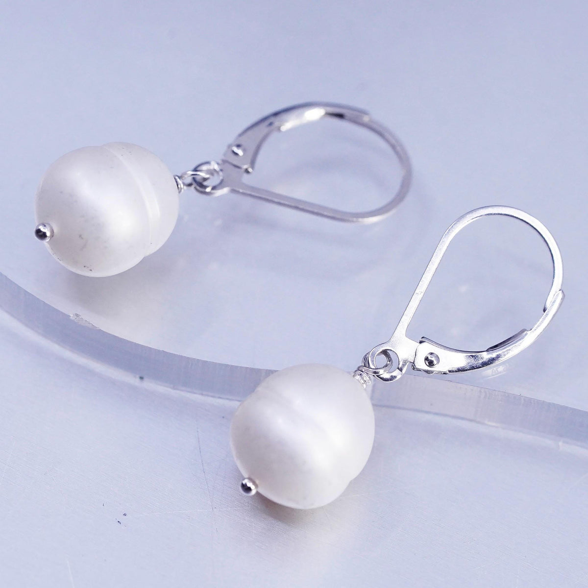 Vintage White Bead Drop Earrings Sterling Silver 925 Leverback Dangles Jewelry