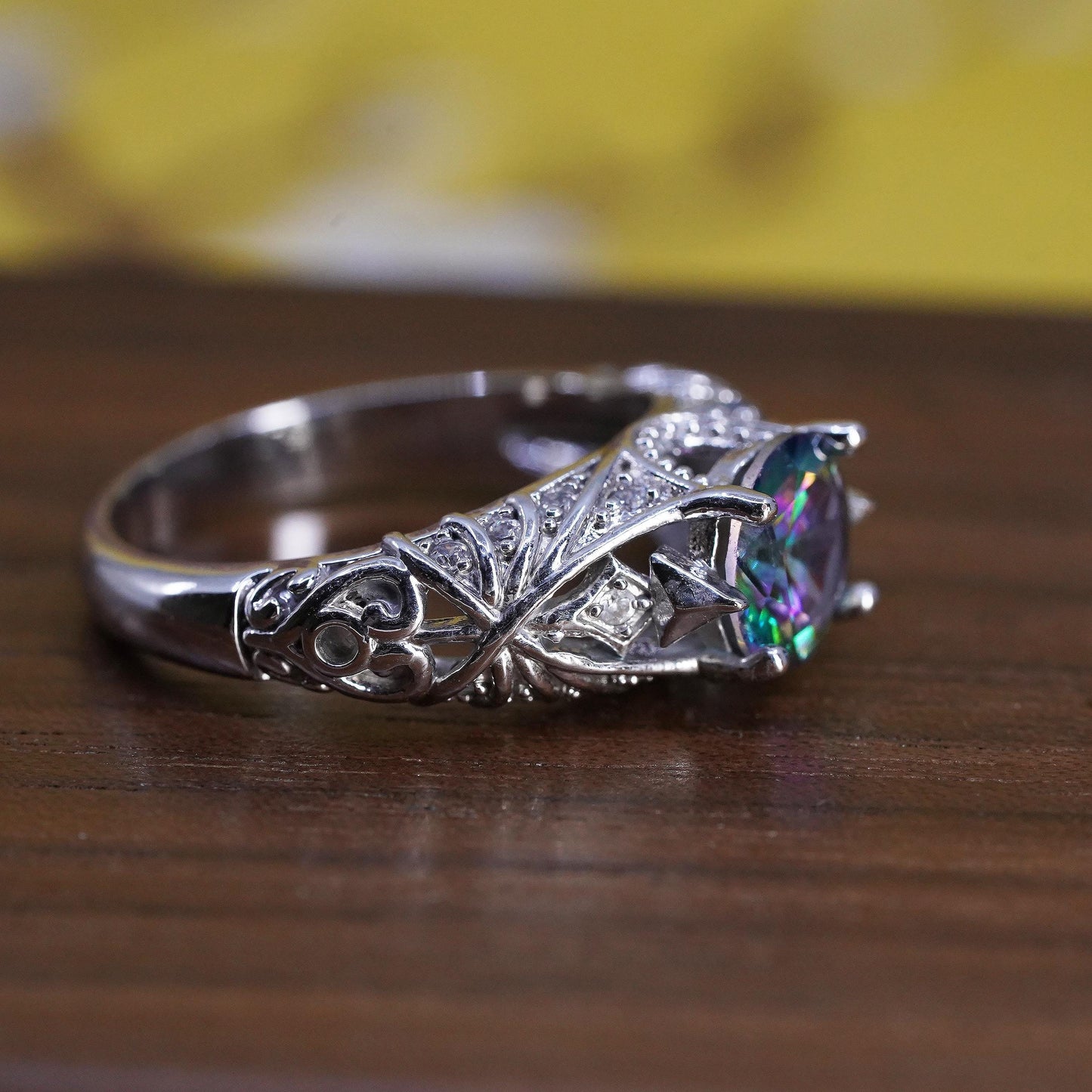 Size 8.25, vintage Sterling 925 silver ring with teardrop rainbow topaz cz