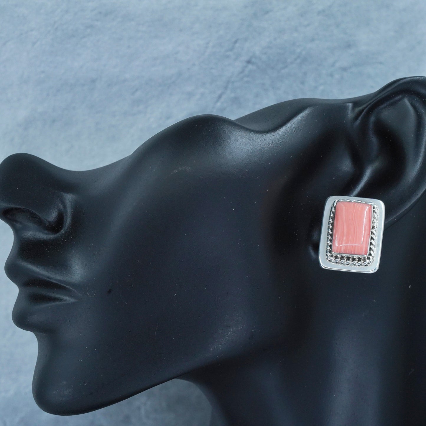 Vintage Mexican Sterling 925 silver earrings, rectangular studs with orange jasper