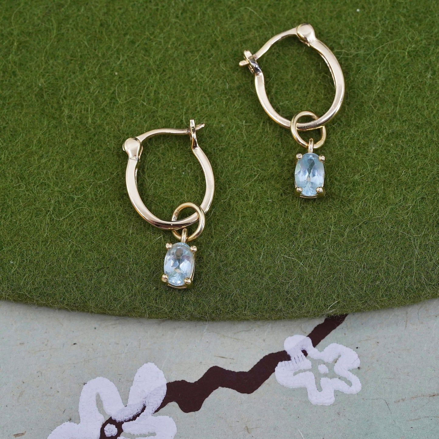 0.5”, vermeil gold sterling silver earrings, 925 hoops, huggie blue crystal