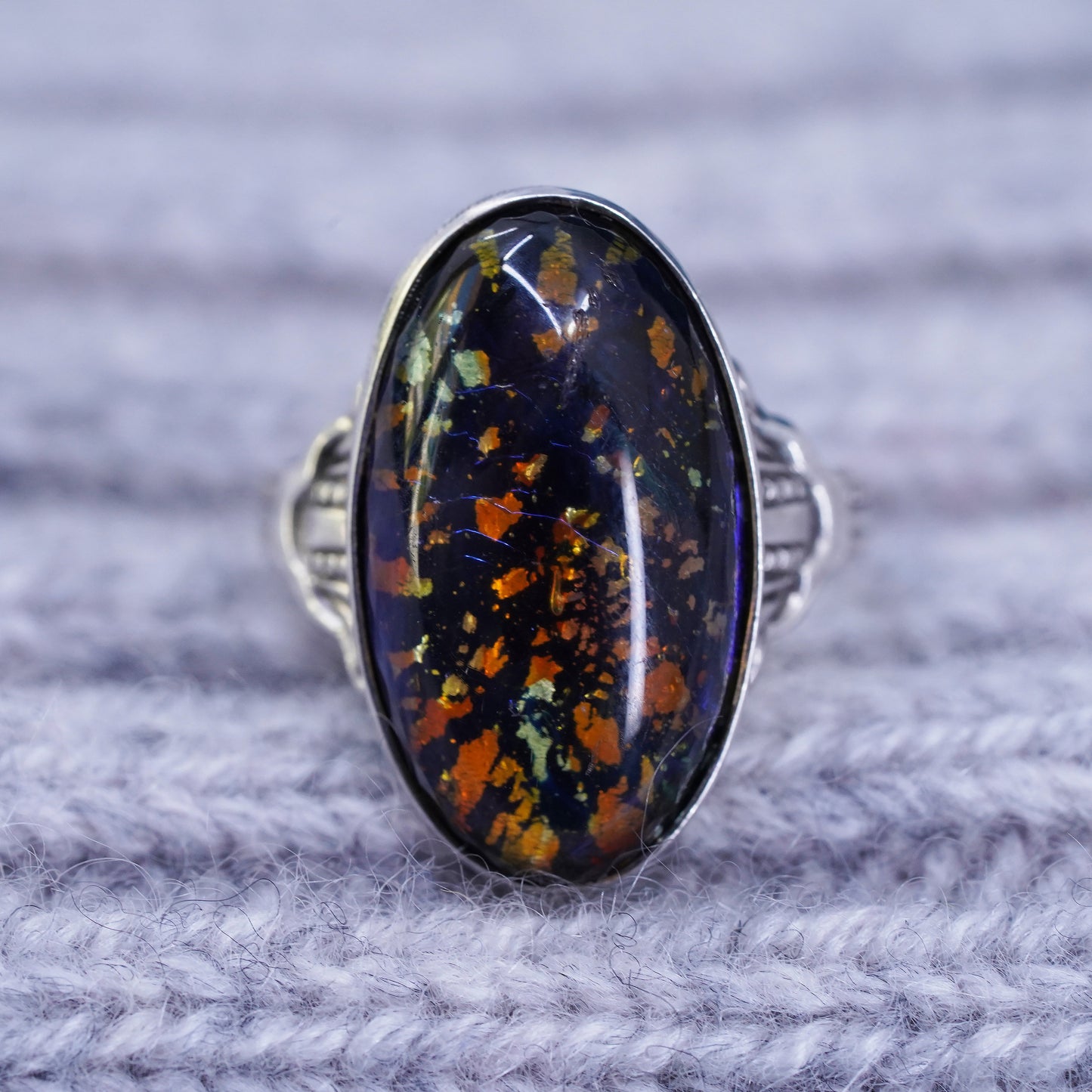 Size 3.5, Mexico Sterling 925 silver handmade ring with golden foiled glass