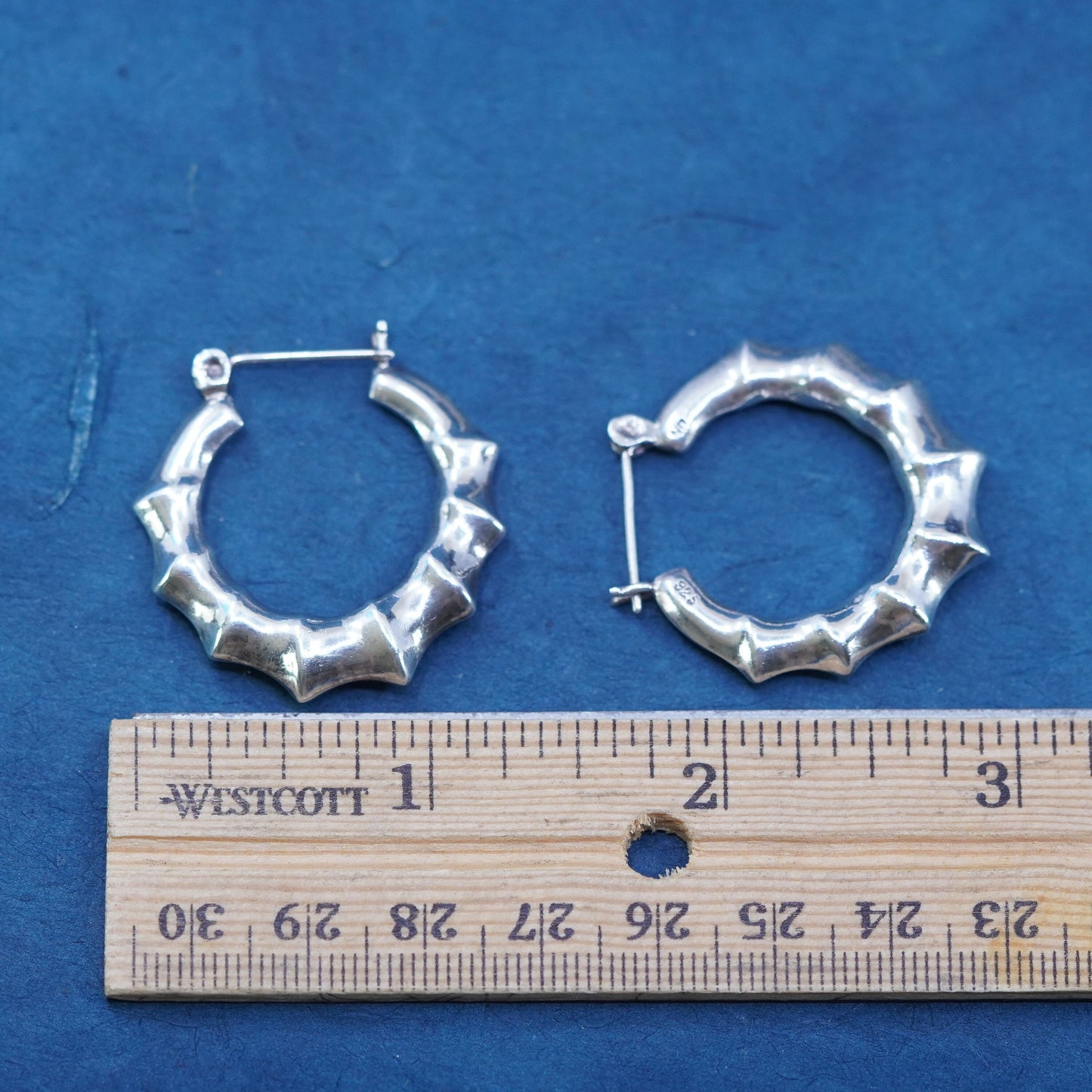 1.25”, Sterling silver handmade hoop earrings, 925 bamboo textured huggie