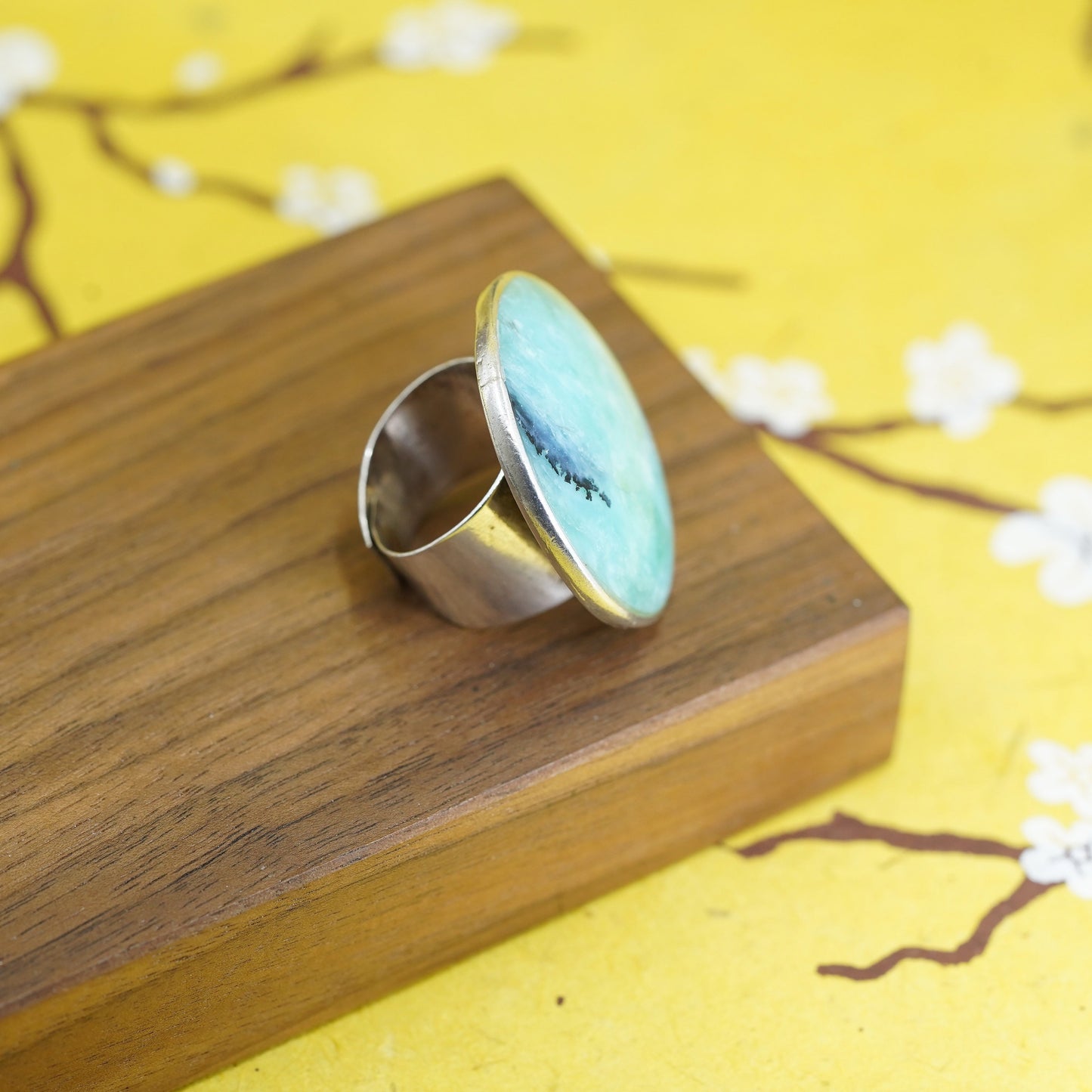 Size adjustable, vintage Sterling 925 silver handmade ring huge round larimar
