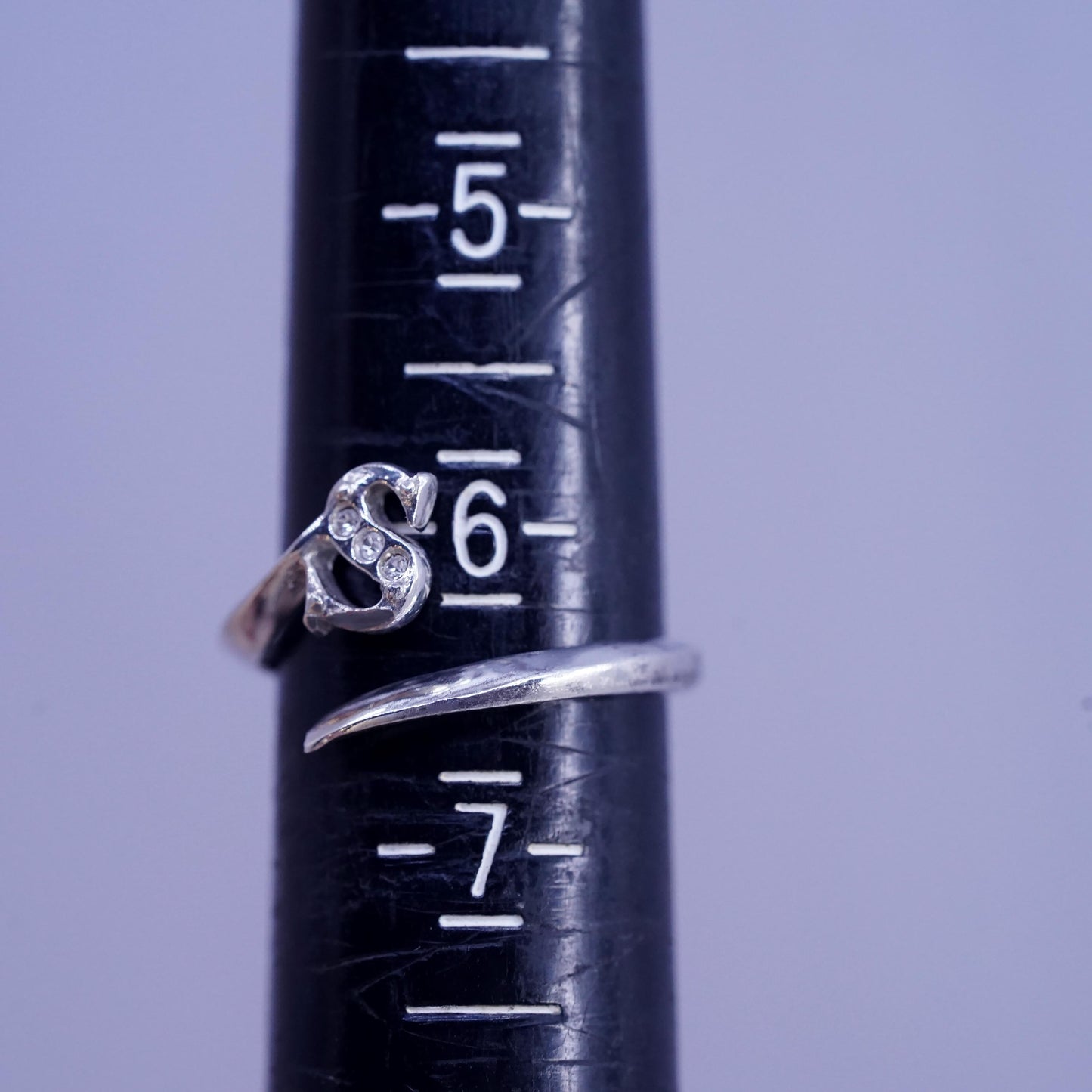 Size adjustable, vintage Sterling 925 silver ring, letter S wrap band with cz