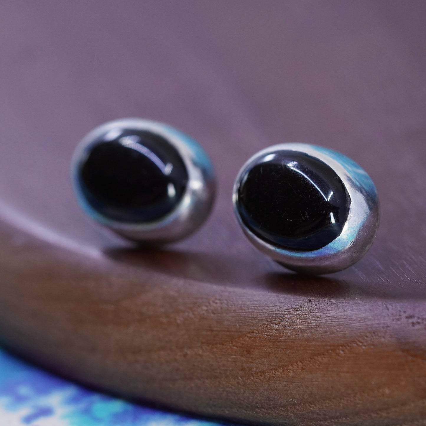 mexico Sterling silver earrings, studs, huge 925 heart studs with black onyx