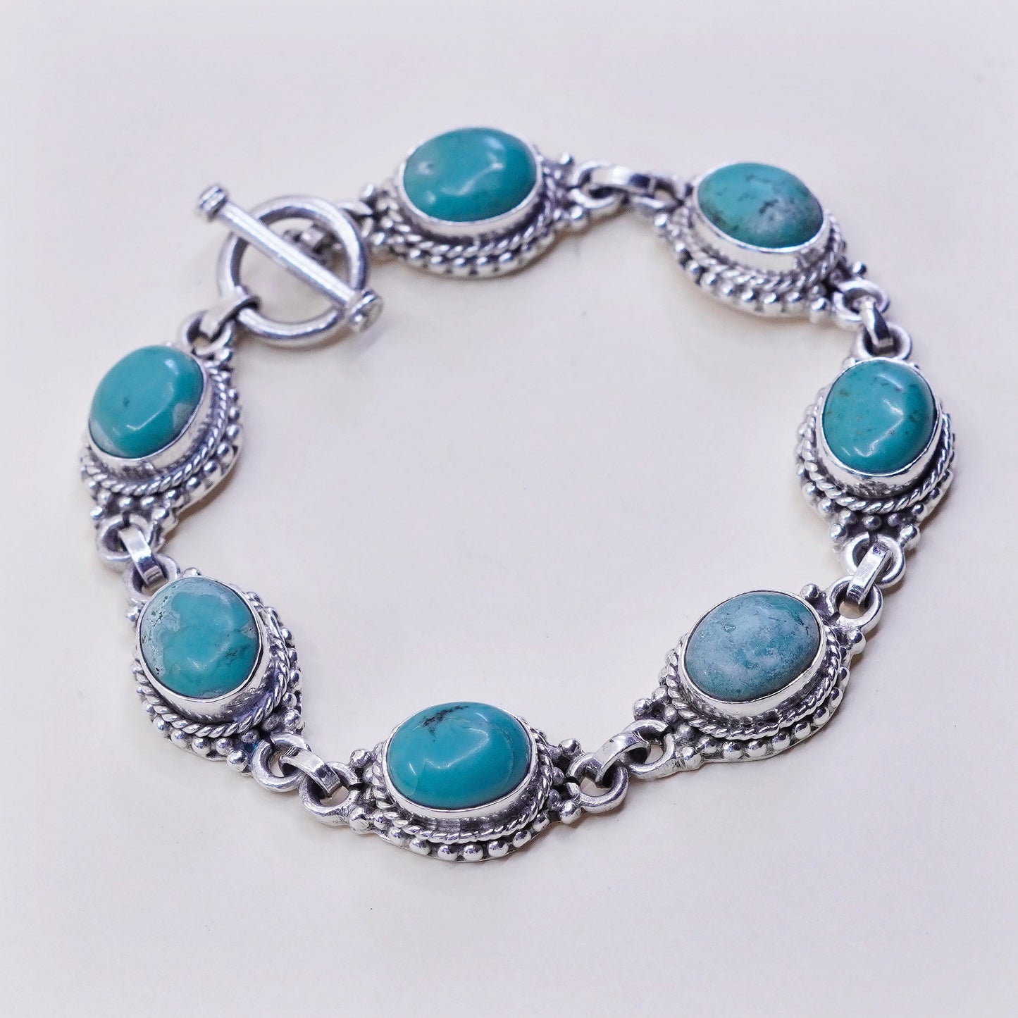 6.5”, vtg Mexico Sterling 925 silver handmade bracelet with turquoise and beads