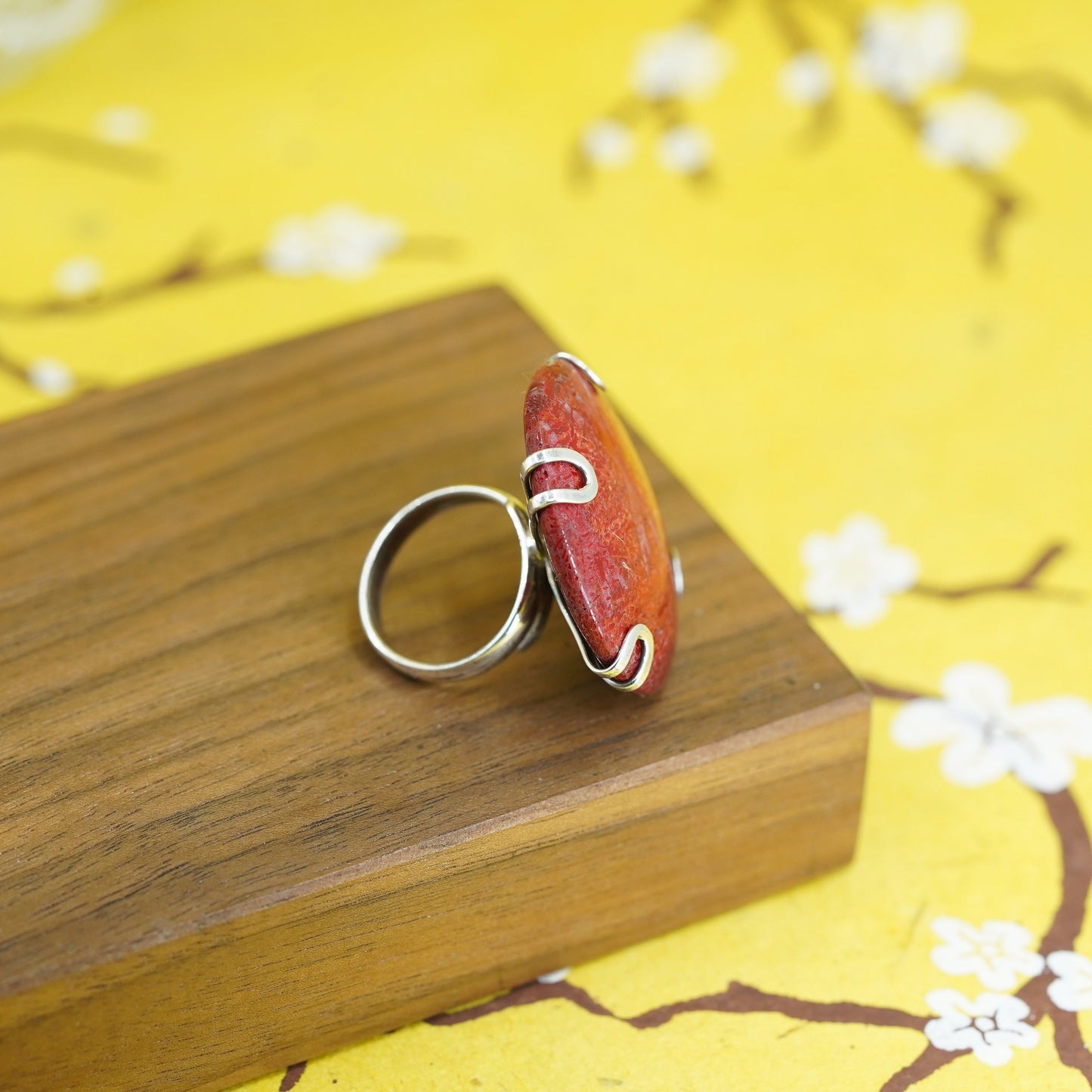 Size 4.5, Sterling silver handmade statement ring red coral, Native American